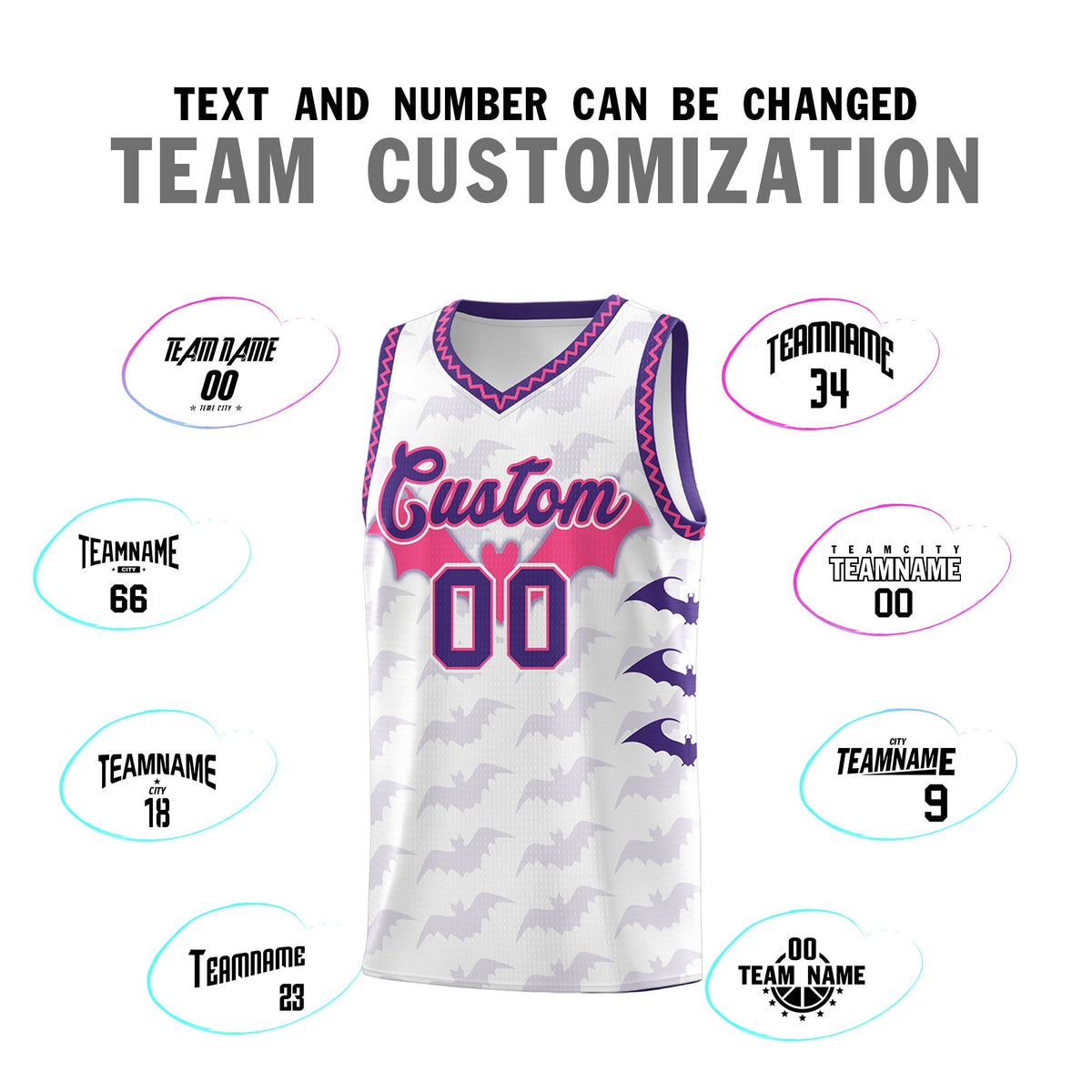 Custom White Pink Purple Bat Pattern Halloween Basketball Jersey | For Men,For Kid,For Youth,Sublimation Printed,Perfect for Training,Perfect for Parties,Add Name and Numbern | KXKSHOP
