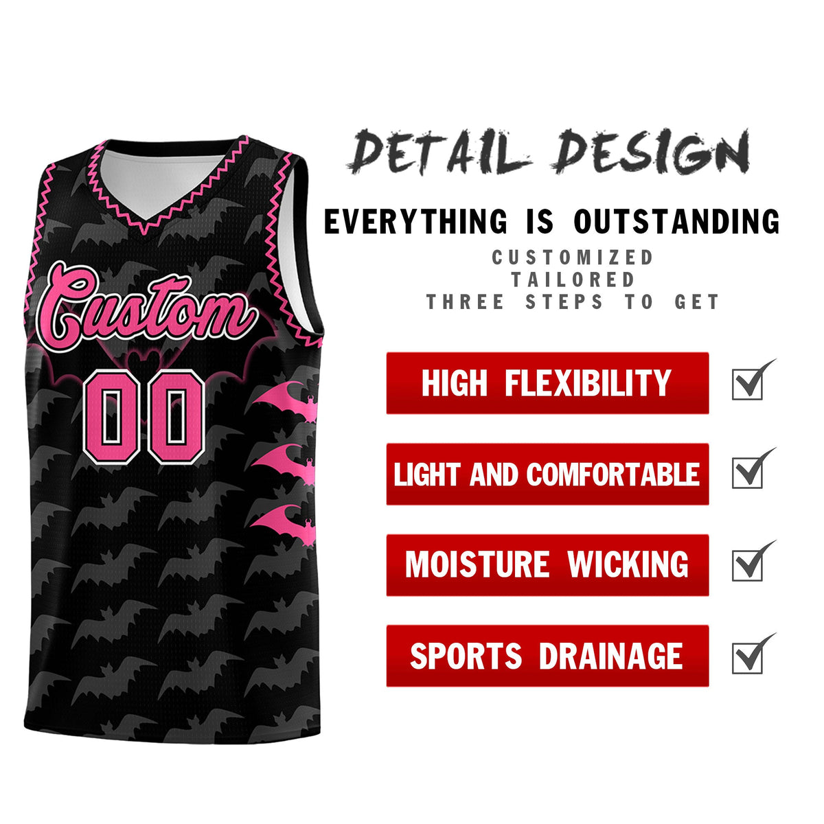 Custom Black Pink Bat Pattern Halloween Basketball Jersey | For Men,For Kid,For Youth,Sublimation Printed,Perfect for Training,Perfect for Parties,Add Name and Numbern | KXKSHOP