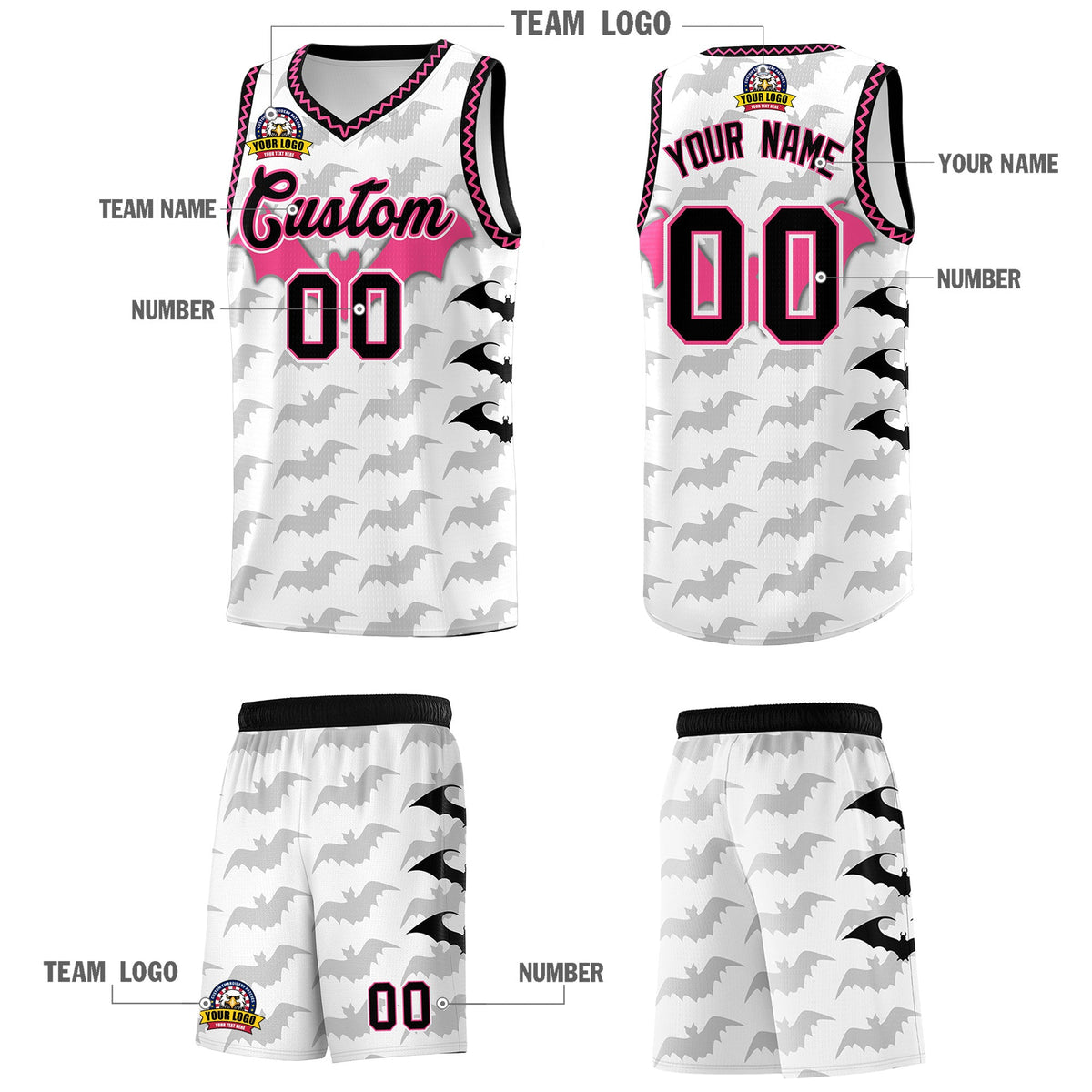 Custom White Black Pink Bat Pattern Halloween Basketball Jersey | For Men,For Kid,For Youth,Sublimation Printed,Perfect for Training,Perfect for Parties,Add Name and Numbern | KXKSHOP