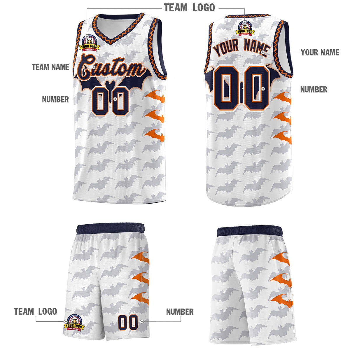 Custom White Orange Navy Bat Pattern Halloween Basketball Jersey | For Men,For Kid,For Youth,Sublimation Printed,Perfect for Training,Perfect for Parties,Add Name and Numbern | KXKSHOP