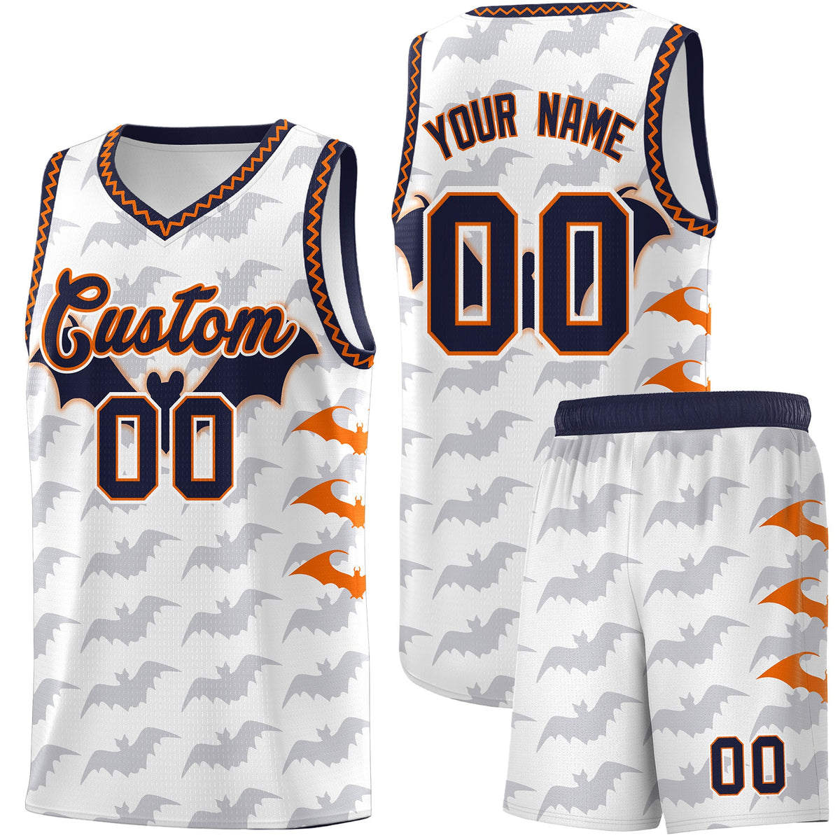 Custom White Orange Navy Bat Pattern Halloween Basketball Jersey | For Men,For Kid,For Youth,Sublimation Printed,Perfect for Training,Perfect for Parties,Add Name and Numbern | KXKSHOP