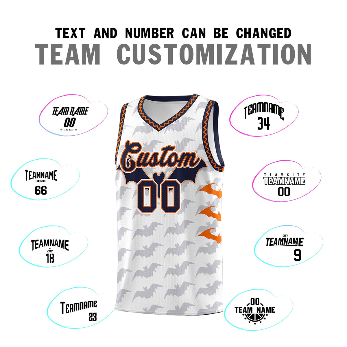 Custom White Orange Navy Bat Pattern Halloween Basketball Jersey | For Men,For Kid,For Youth,Sublimation Printed,Perfect for Training,Perfect for Parties,Add Name and Numbern | KXKSHOP