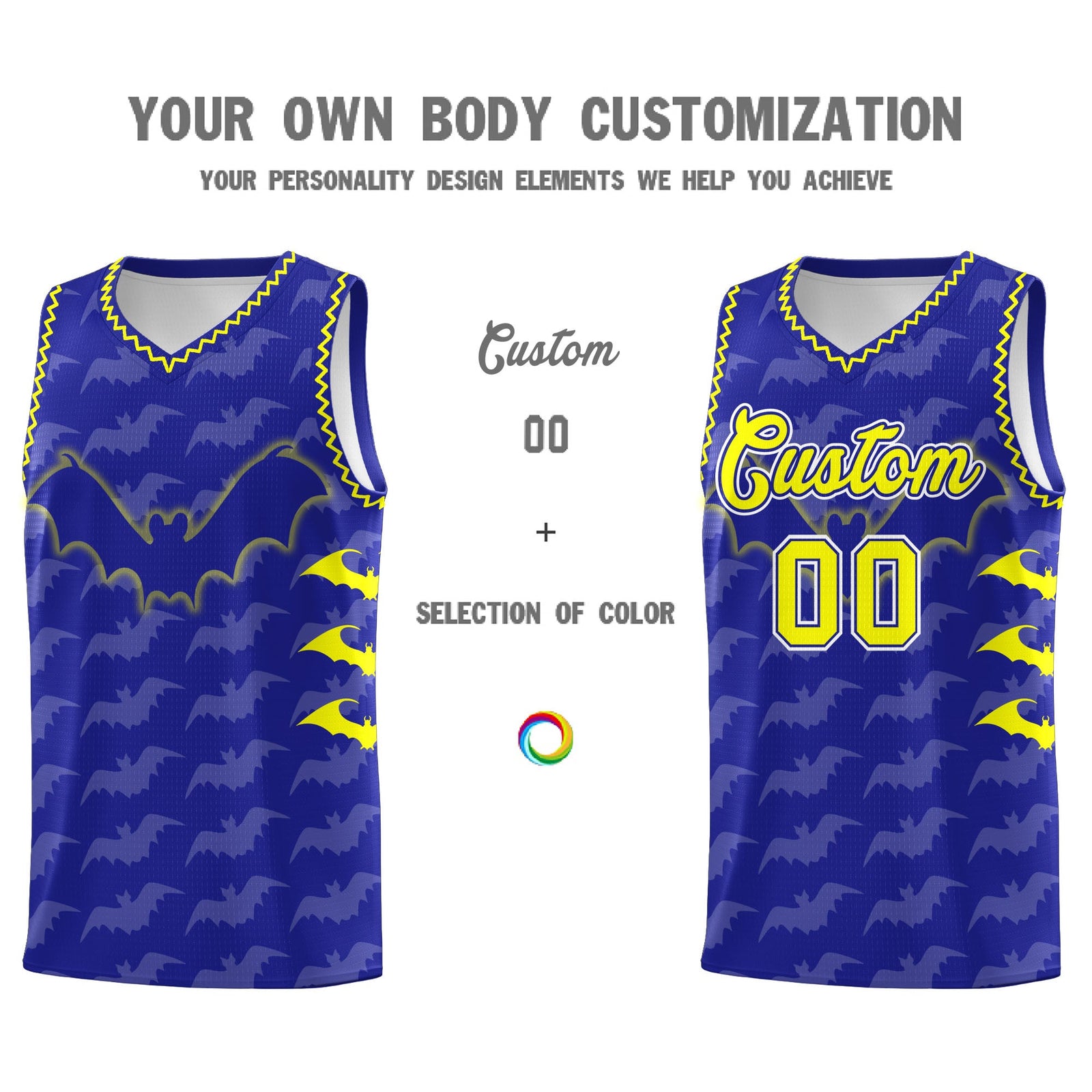 Custom Royal Fluorescent Yellow Bat Pattern Halloween Basketball Jersey | For Men,For Kid,For Youth,Sublimation Printed,Perfect for Training,Perfect for Parties,Add Name and Numbern | KXKSHOP