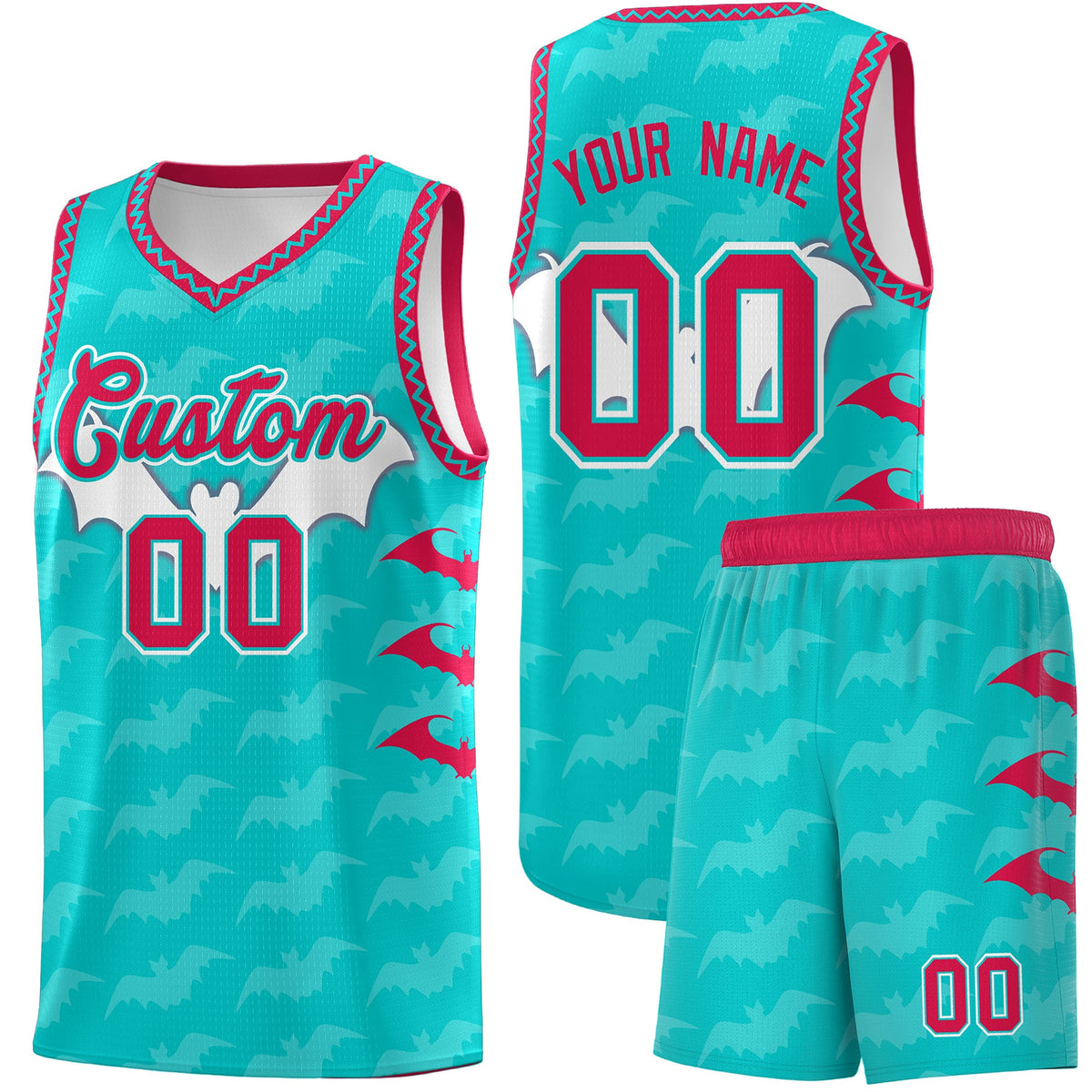 Custom Aqua White Red Bat Pattern Halloween Basketball Jersey | For Men,For Kid,For Youth,Sublimation Printed,Perfect for Training,Perfect for Parties,Add Name and Numbern | KXKSHOP