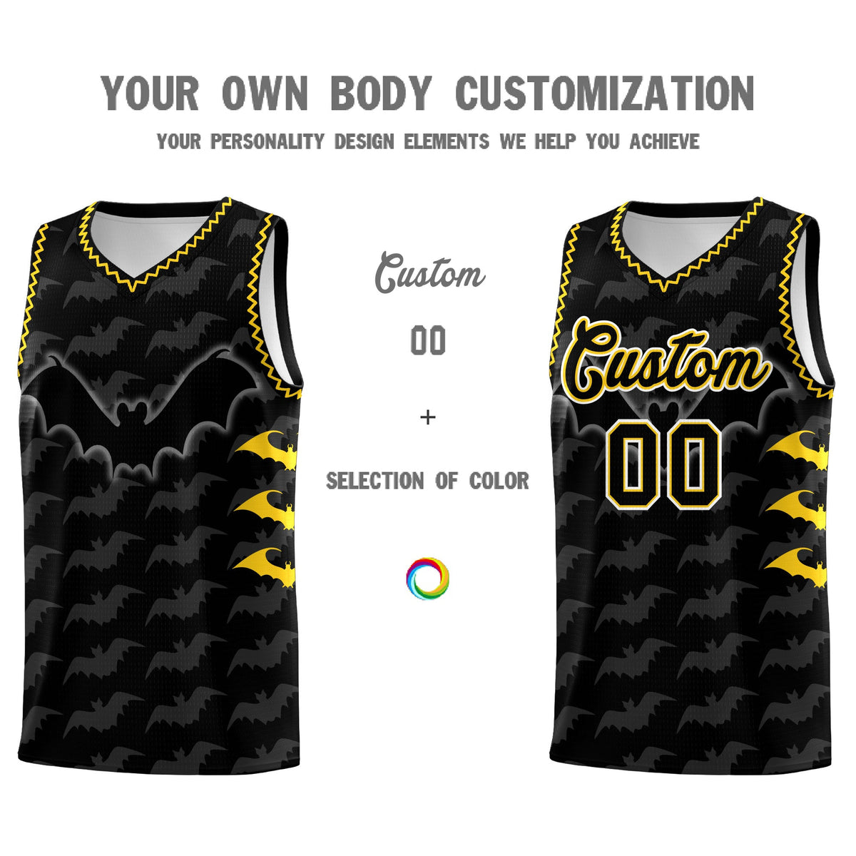 Custom Black Gold Bat Pattern Halloween Basketball Jersey | For Men,For Kid,For Youth,Sublimation Printed,Perfect for Training,Perfect for Parties,Add Name and Numbern | KXKSHOP