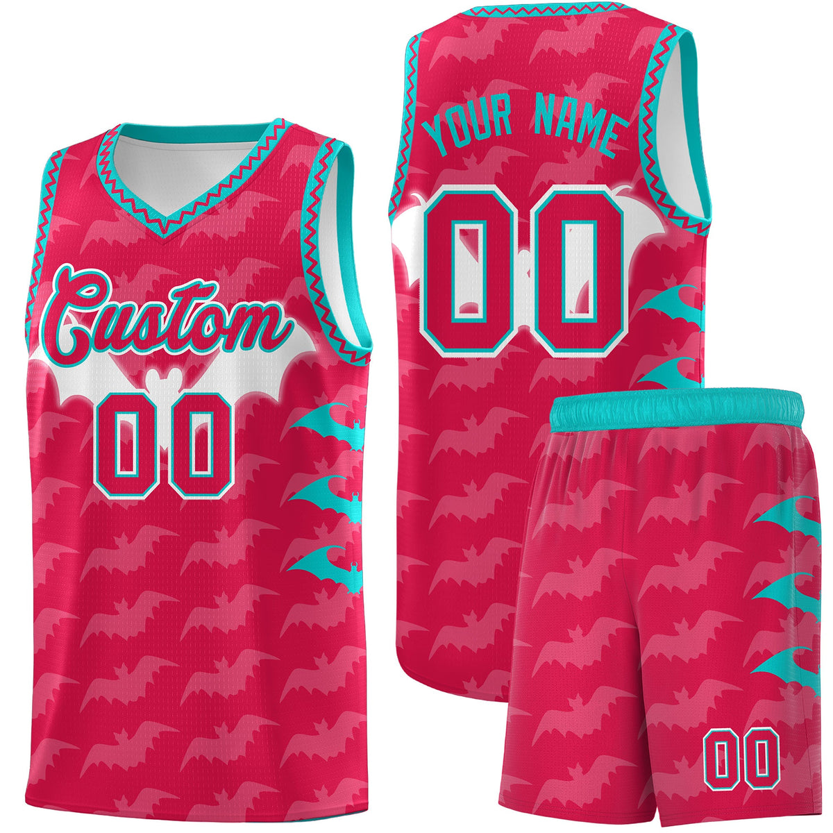 Custom Red White Aqua Bat Pattern Halloween Basketball Jersey | For Men,For Kid,For Youth,Sublimation Printed,Perfect for Training,Perfect for Parties,Add Name and Numbern | KXKSHOP