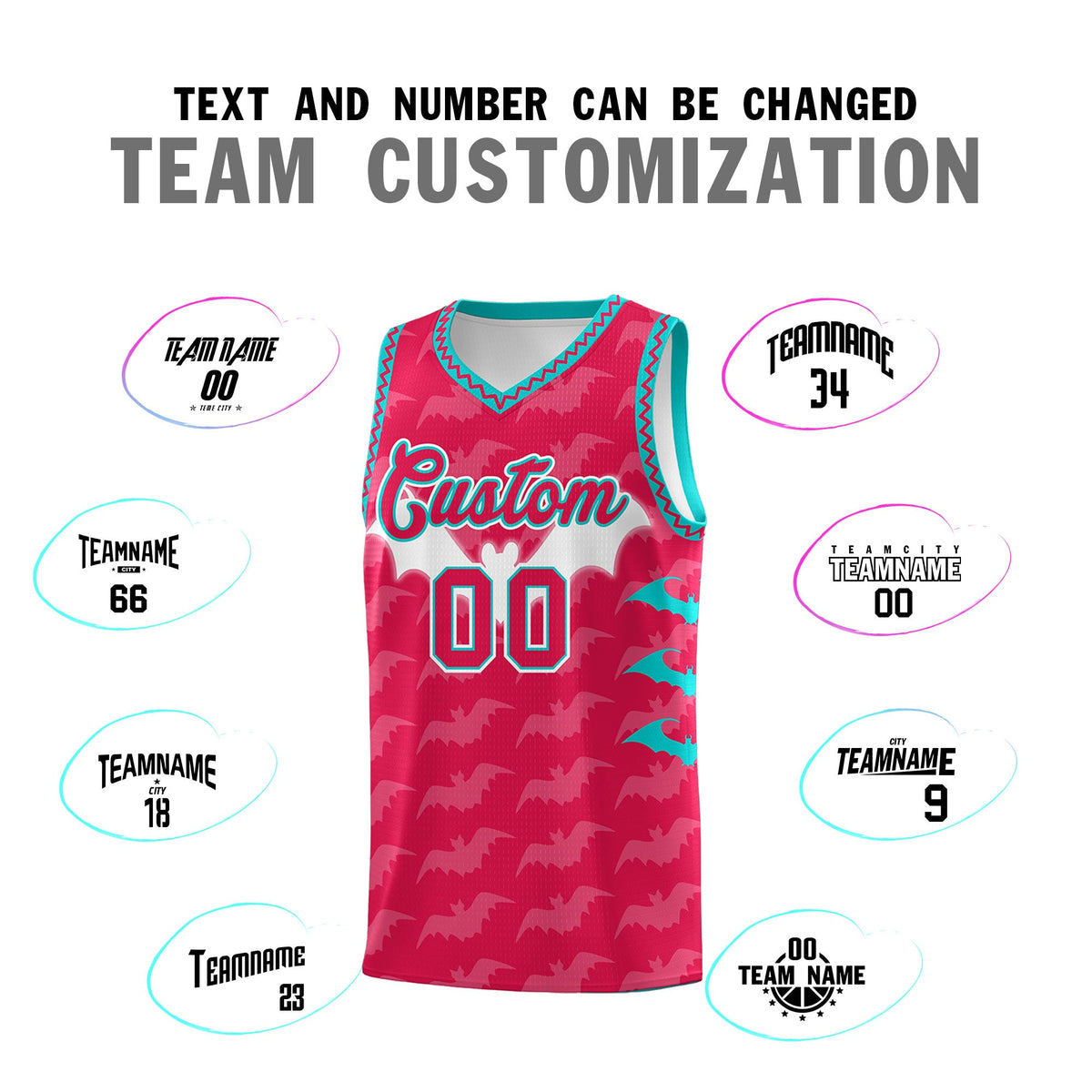Custom Red White Aqua Bat Pattern Halloween Basketball Jersey | For Men,For Kid,For Youth,Sublimation Printed,Perfect for Training,Perfect for Parties,Add Name and Numbern | KXKSHOP