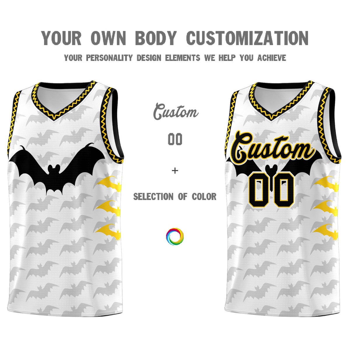 Custom White Gold Black Bat Pattern Halloween Basketball Jersey | For Men,For Kid,For Youth,Sublimation Printed,Perfect for Training,Perfect for Parties,Add Name and Numbern | KXKSHOP