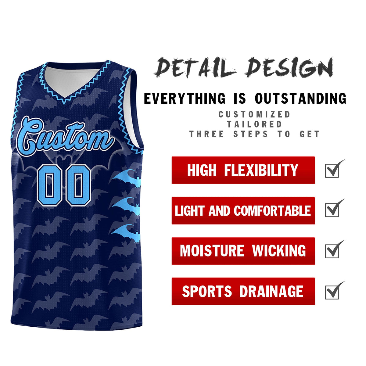 Custom Navy Powder Blue Bat Pattern Halloween Basketball Jersey | For Men,For Kid,For Youth,Sublimation Printed,Perfect for Training,Perfect for Parties,Add Name and Numbern | KXKSHOP