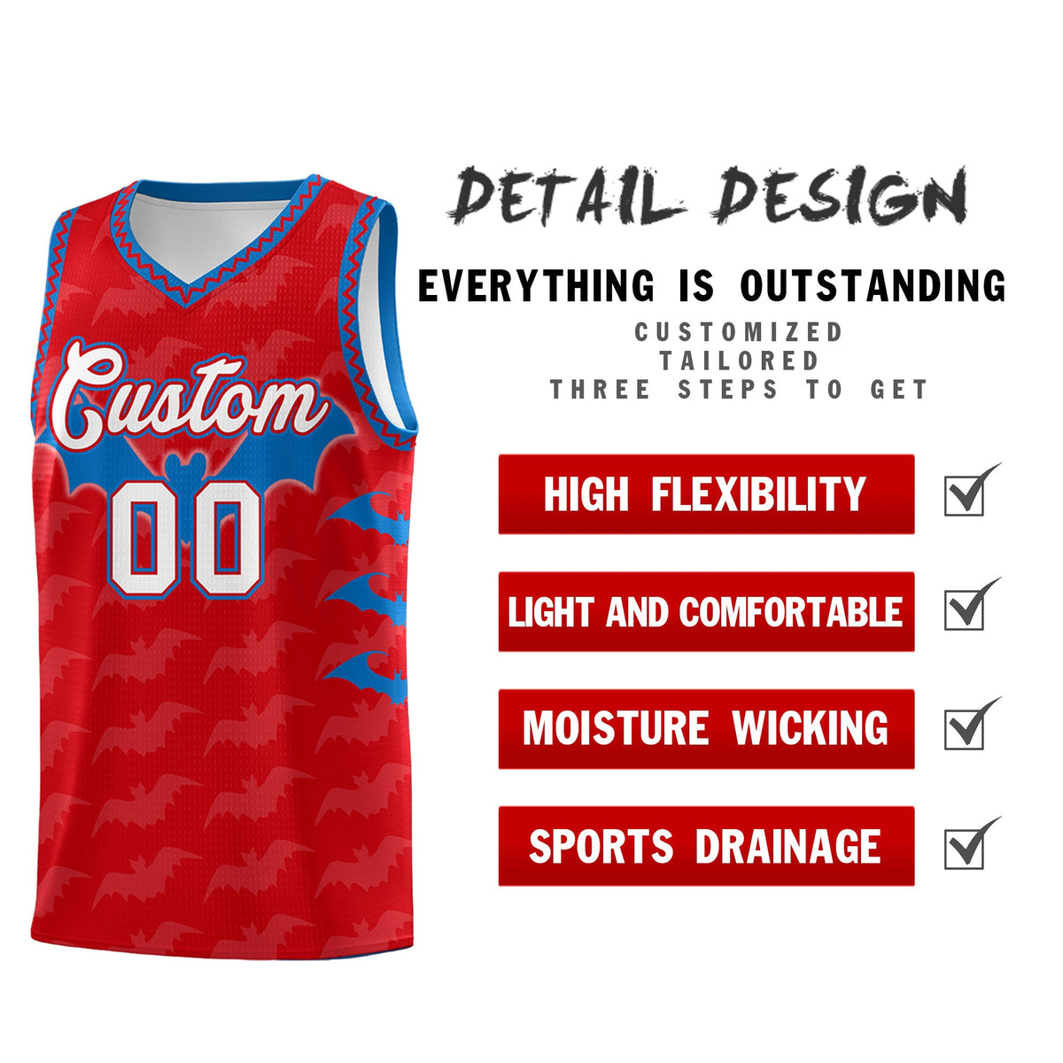 Custom Red Royal White Bat Pattern Halloween Basketball Jersey | For Men,For Kid,For Youth,Sublimation Printed,Perfect for Training,Perfect for Parties,Add Name and Numbern | KXKSHOP