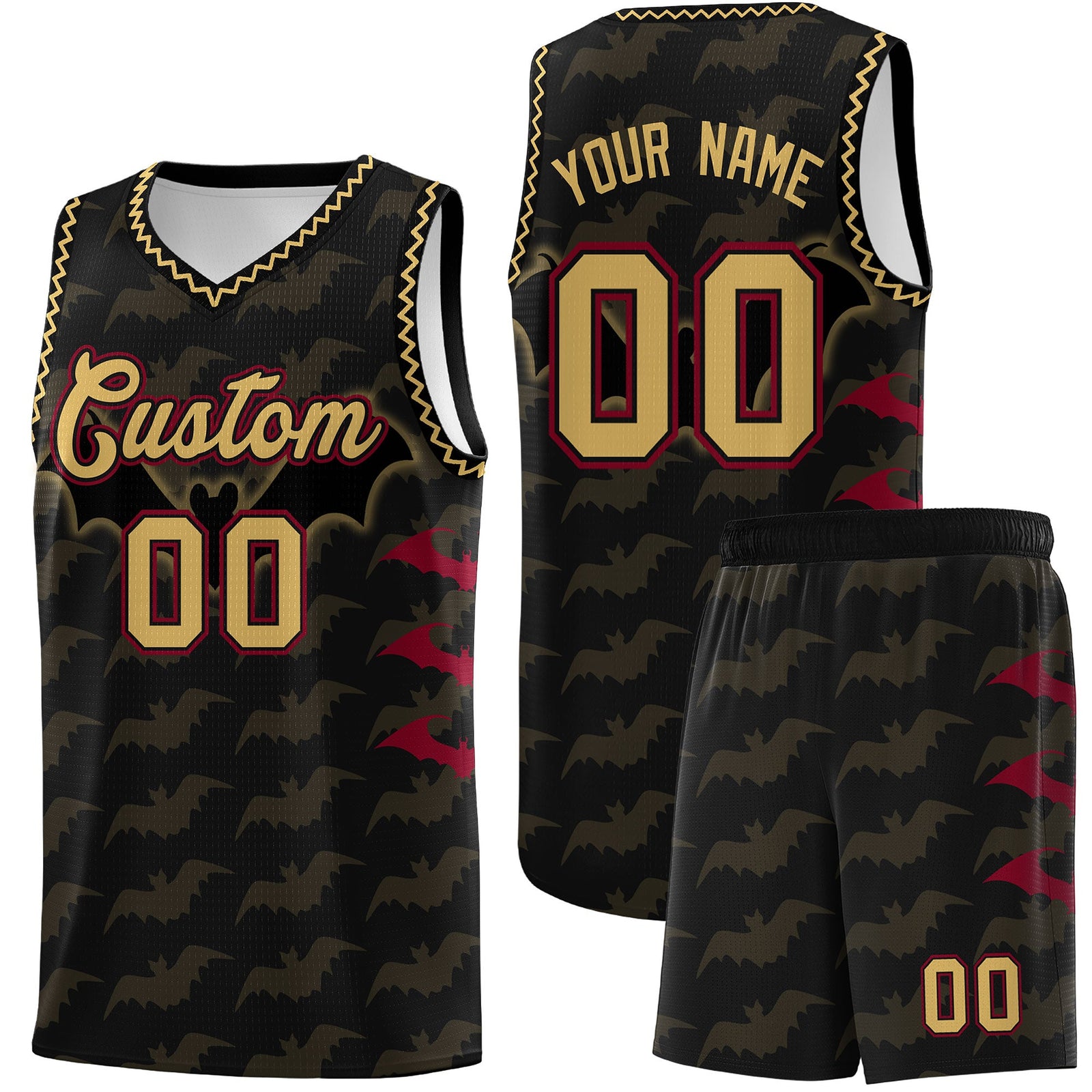 Custom Black Old Gold Crimson Bat Pattern Halloween Basketball Jersey | For Men,For Kid,For Youth,Sublimation Printed,Perfect for Training,Perfect for Parties,Add Name and Numbern | KXKSHOP