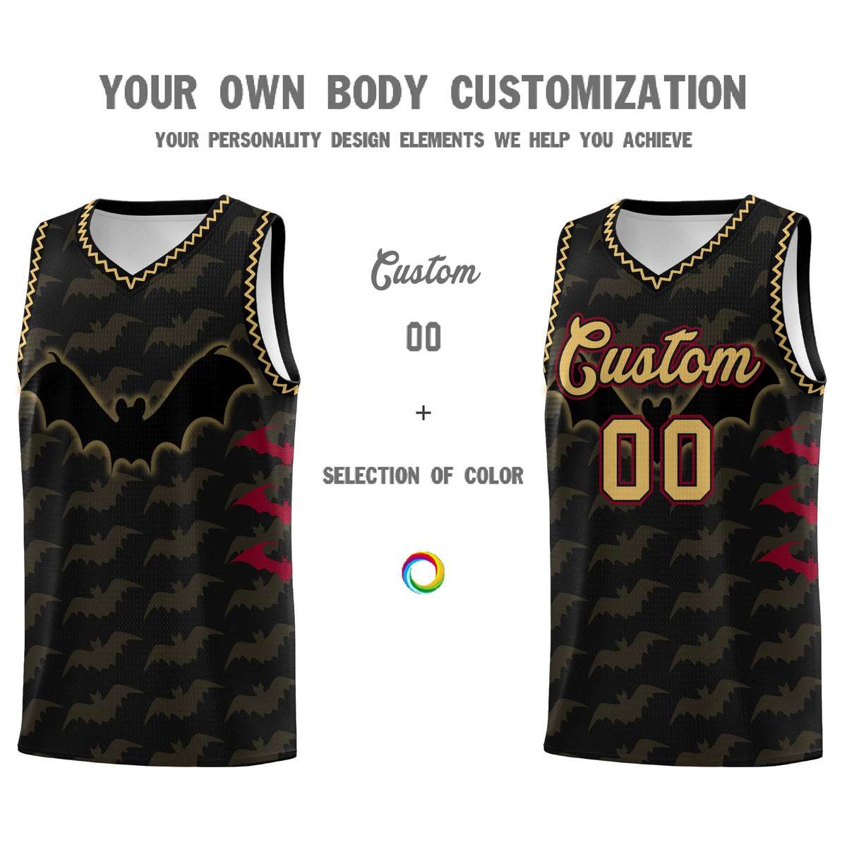 Custom Black Old Gold Crimson Bat Pattern Halloween Basketball Jersey | For Men,For Kid,For Youth,Sublimation Printed,Perfect for Training,Perfect for Parties,Add Name and Numbern | KXKSHOP