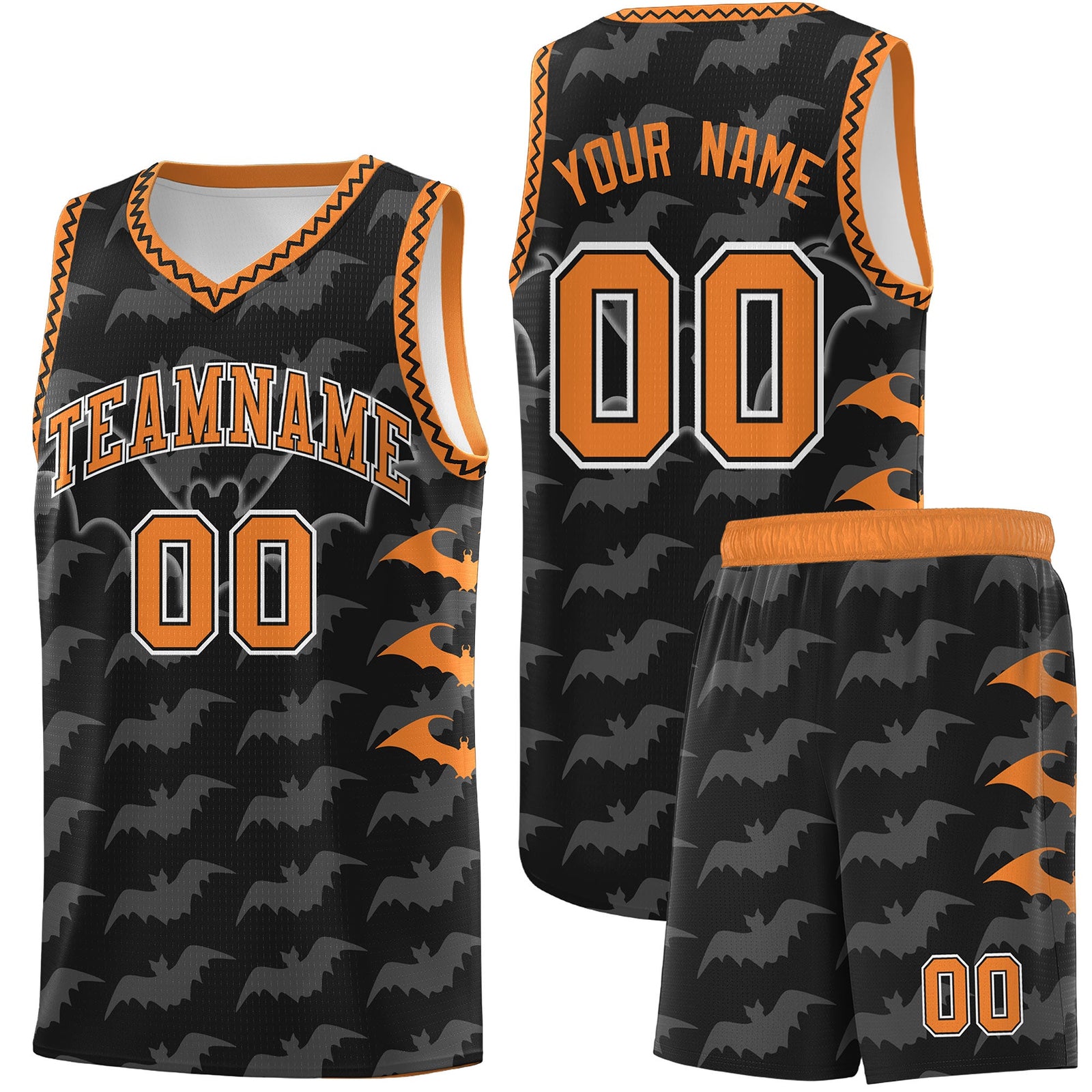 Custom Black Gold Orange Bat Pattern Halloween Basketball Jersey | For Men,For Kid,For Youth,Sublimation Printed,Perfect for Training,Perfect for Parties,Add Name and Numbern | KXKSHOP
