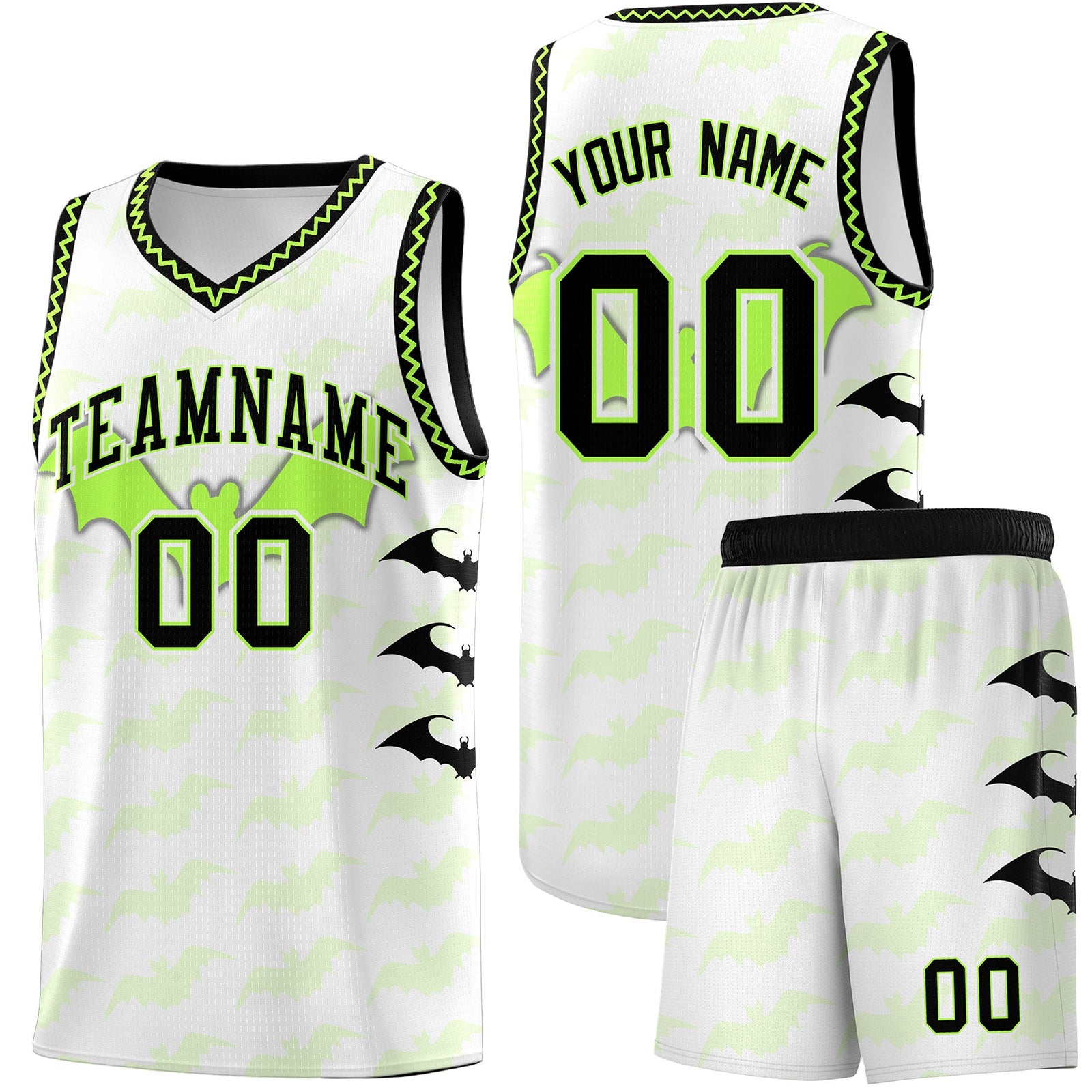Custom White Fluorescent Green Black Bat Pattern Halloween Basketball Jersey | For Men,For Kid,For Youth,Sublimation Printed,Perfect for Training,Perfect for Parties,Add Name and Numbern | KXKSHOP