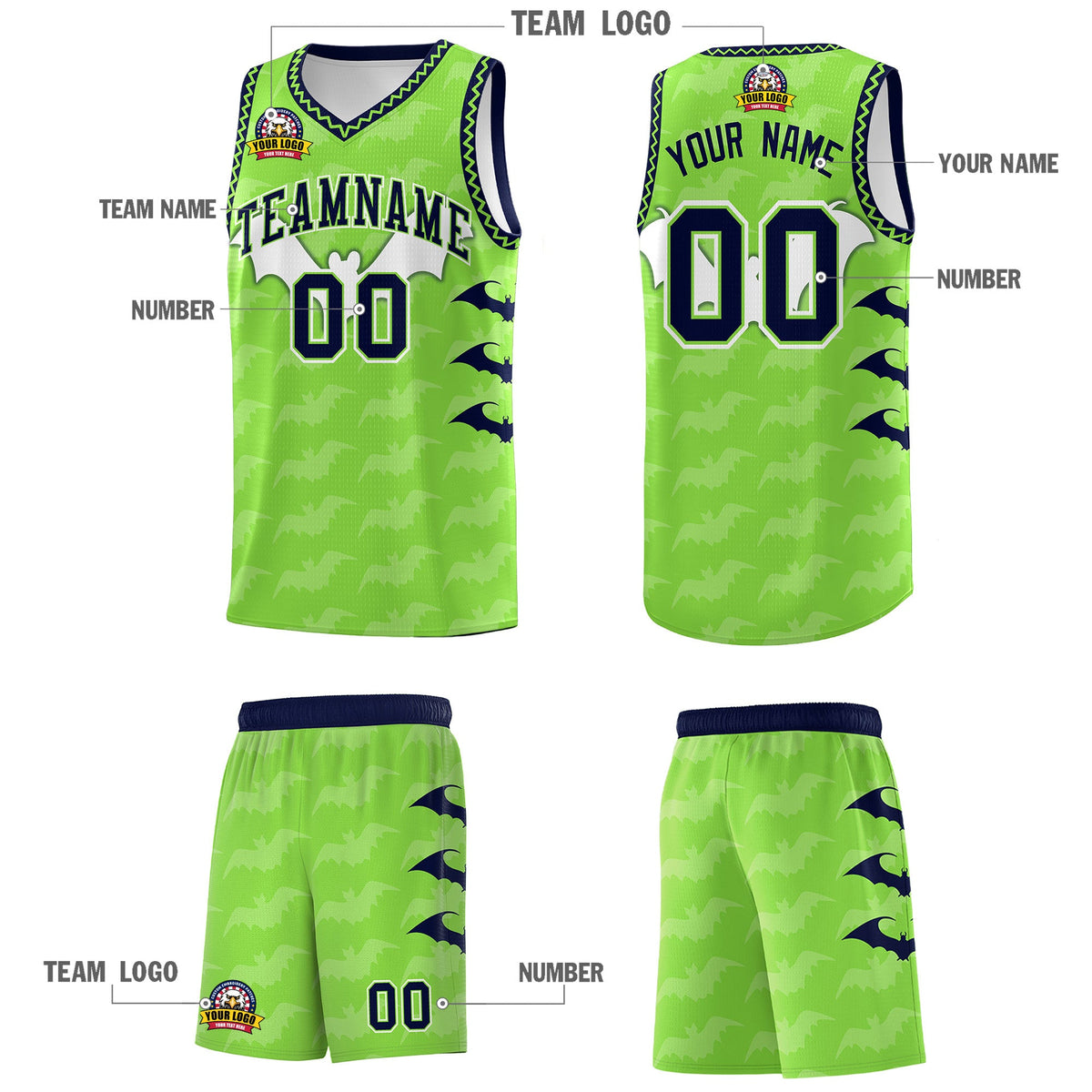 Custom Fluorescent Green Bat Pattern Halloween Basketball Jersey | For Men,For Kid,For Youth,Sublimation Printed,Perfect for Training,Perfect for Parties,Add Name and Numbern | KXKSHOP