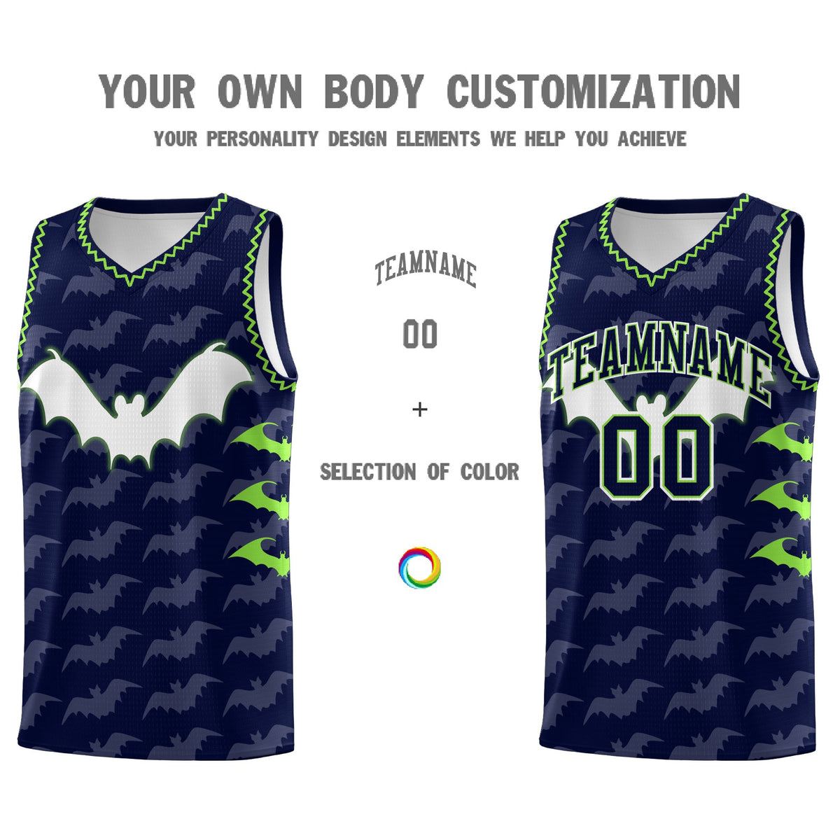 Custom Navy Fluorescent Green Bat Pattern Halloween Basketball Jersey | For Men,For Kid,For Youth,Sublimation Printed,Perfect for Training,Perfect for Parties,Add Name and Numbern | KXKSHOP