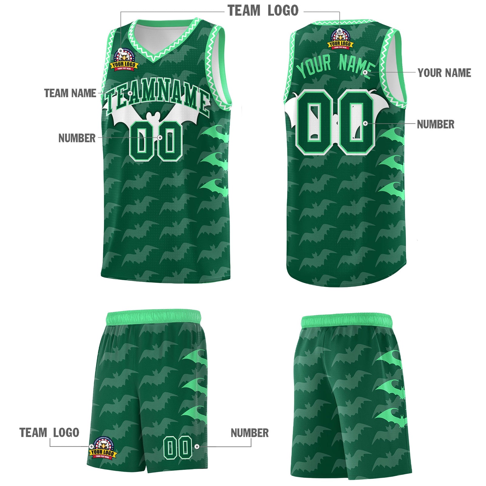 Custom Kelly Green White Green Bat Pattern Halloween Basketball Jersey | For Men,For Kid,For Youth,Sublimation Printed,Perfect for Training,Perfect for Parties,Add Name and Numbern | KXKSHOP