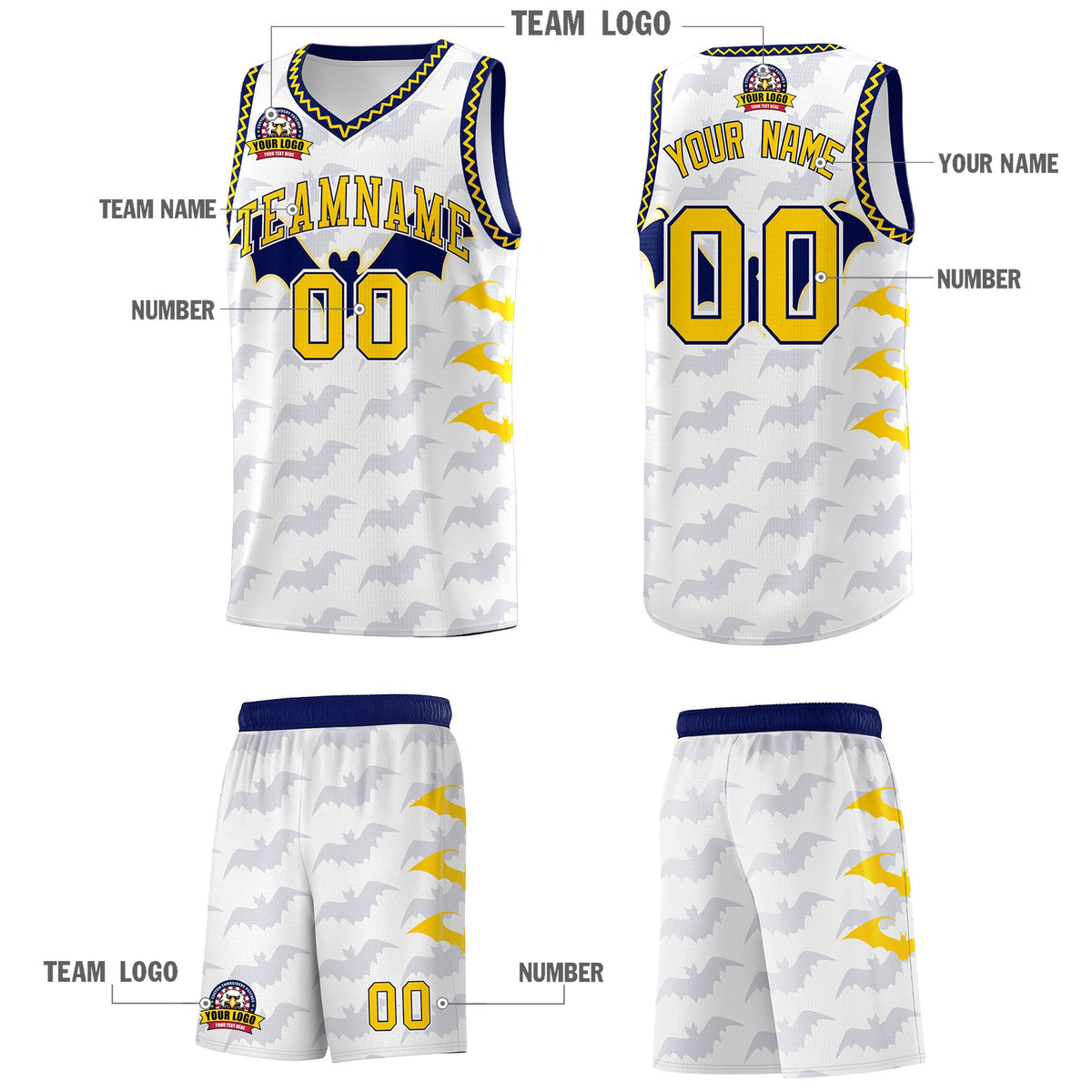 Custom White Gold Navy Bat Pattern Halloween Basketball Jersey | For Men,For Kid,For Youth,Sublimation Printed,Perfect for Training,Perfect for Parties,Add Name and Numbern | KXKSHOP