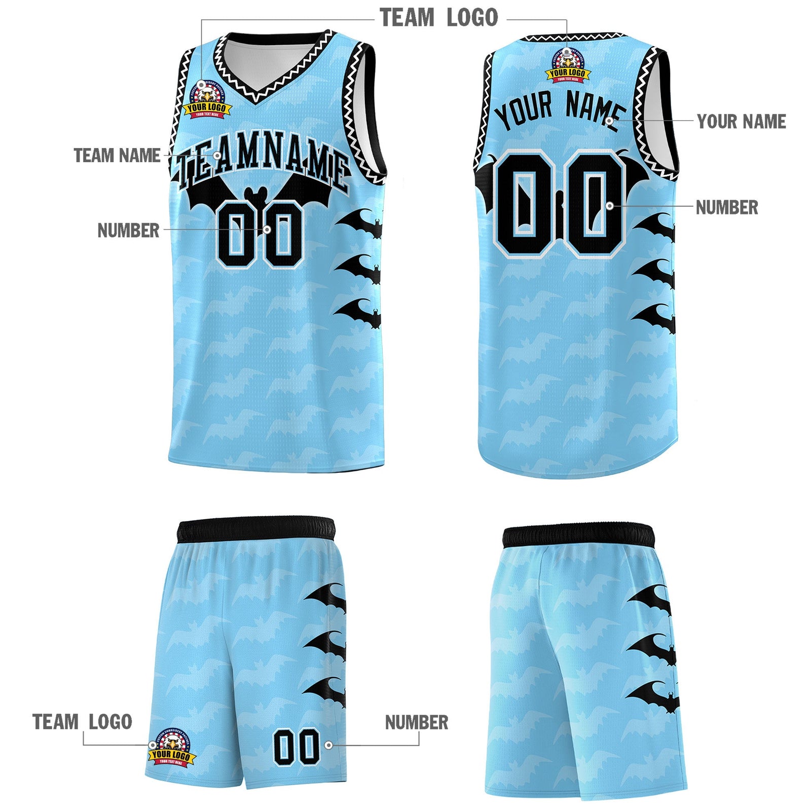 Custom Light Blue White Black Bat Pattern Halloween Basketball Jersey | For Men,For Kid,For Youth,Sublimation Printed,Perfect for Training,Perfect for Parties,Add Name and Numbern | KXKSHOP