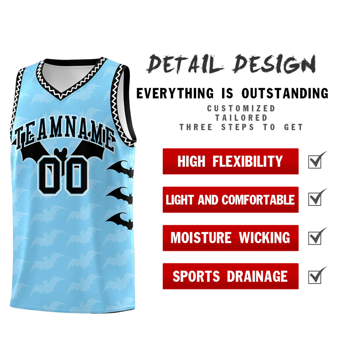 Custom Light Blue White Black Bat Pattern Halloween Basketball Jersey | For Men,For Kid,For Youth,Sublimation Printed,Perfect for Training,Perfect for Parties,Add Name and Numbern | KXKSHOP