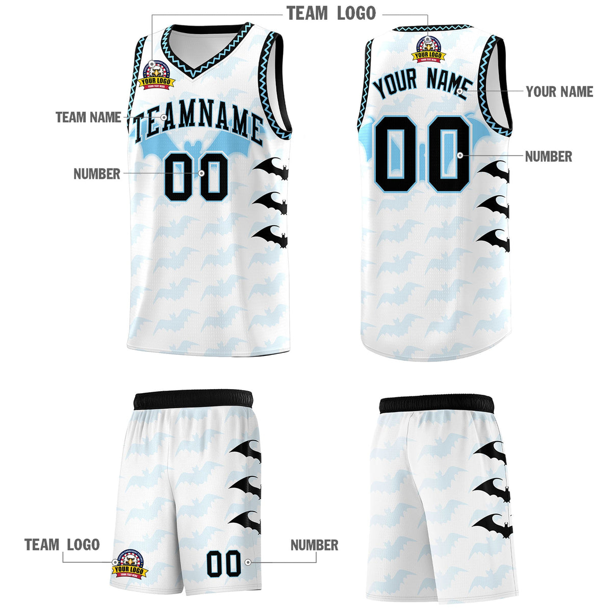 Custom White Light Blue Bat Pattern Halloween Basketball Jersey | For Men,For Kid,For Youth,Sublimation Printed,Perfect for Training,Perfect for Parties,Add Name and Numbern | KXKSHOP
