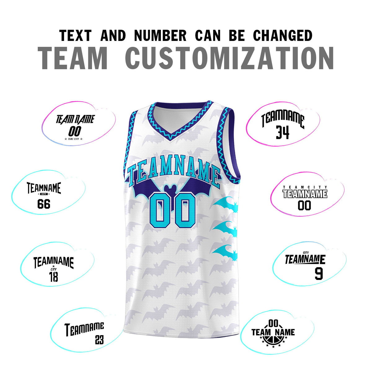 Custom White Sky Blue Bat Pattern Halloween Basketball Jersey | For Men,For Kid,For Youth,Sublimation Printed,Perfect for Training,Perfect for Parties,Add Name and Numbern | KXKSHOP