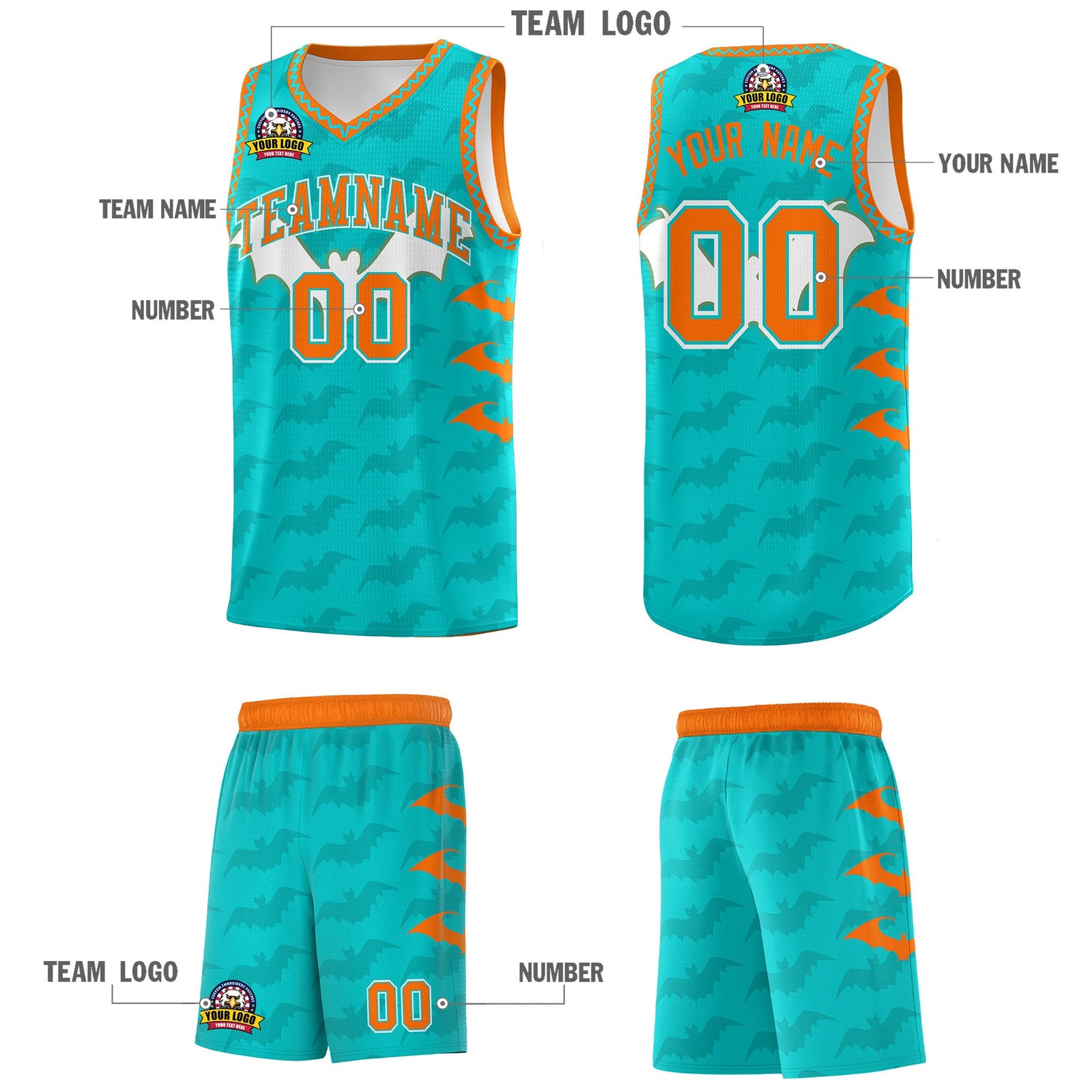 Custom Aqua Orange Bat Pattern Halloween Basketball Jersey | For Men,For Kid,For Youth,Sublimation Printed,Perfect for Training,Perfect for Parties,Add Name and Numbern | KXKSHOP
