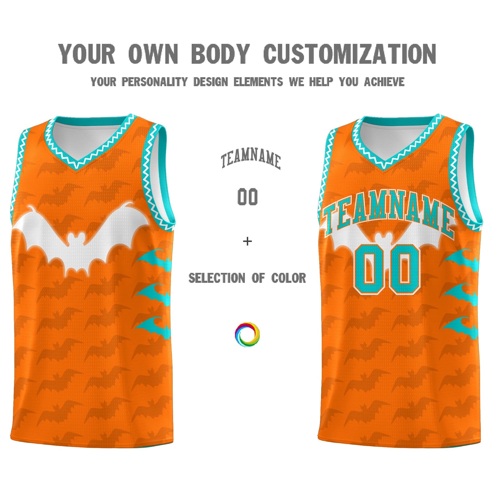 Custom Orange Aqua Bat Pattern Halloween Basketball Jersey | For Men,For Kid,For Youth,Sublimation Printed,Perfect for Training,Perfect for Parties,Add Name and Numbern | KXKSHOP