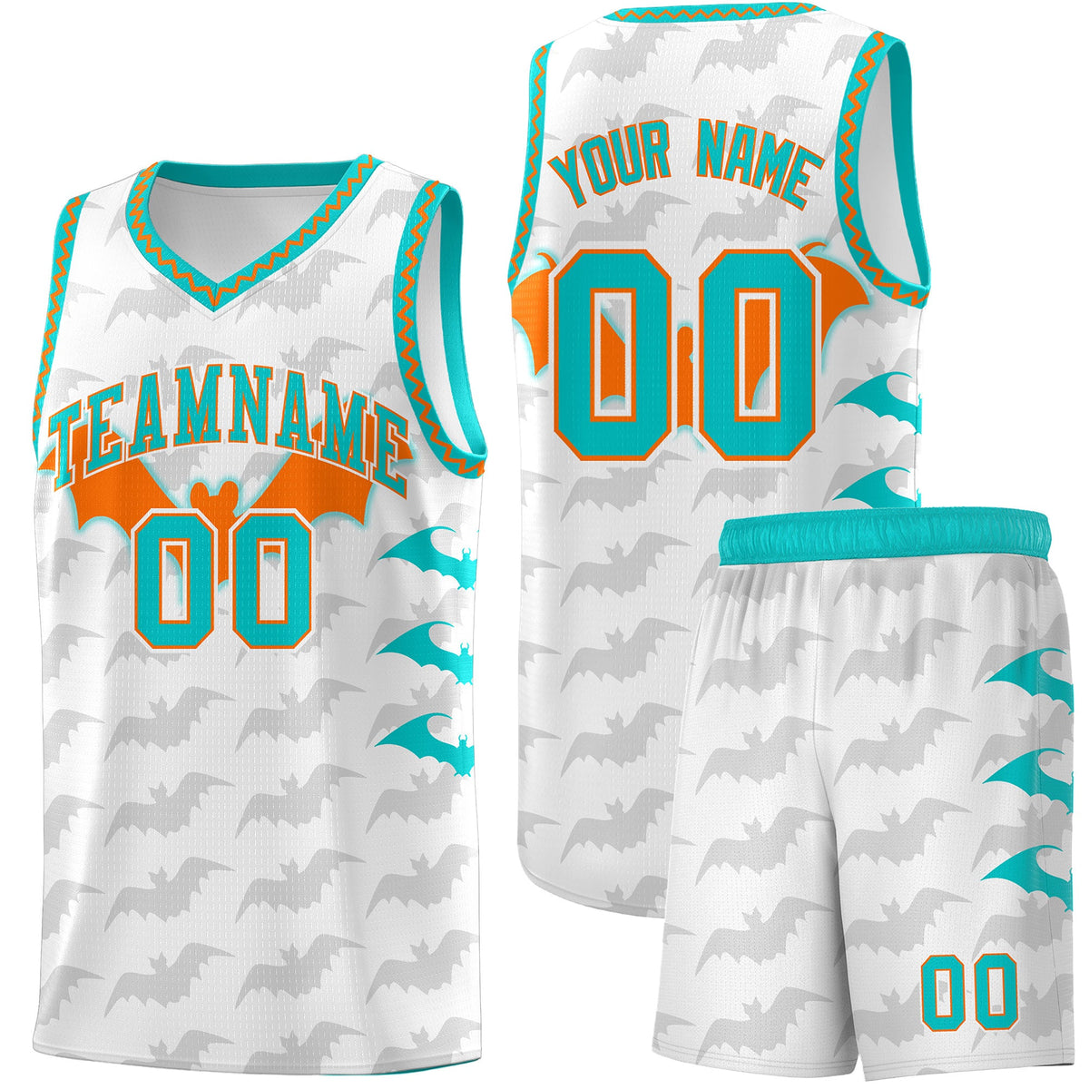 Custom White Orange Aqua Bat Pattern Halloween Basketball Jersey | For Men,For Kid,For Youth,Sublimation Printed,Perfect for Training,Perfect for Parties,Add Name and Numbern | KXKSHOP