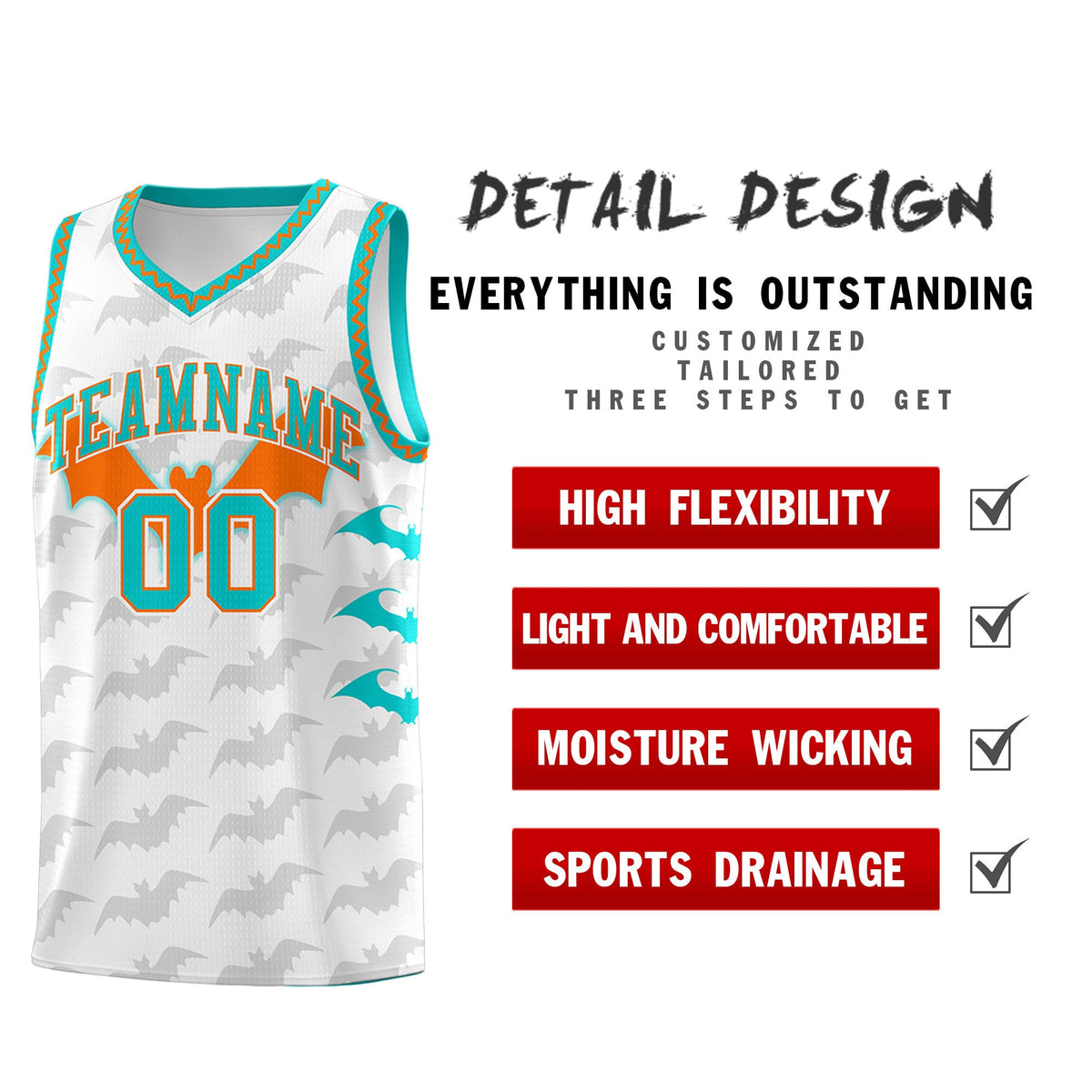 Custom White Orange Aqua Bat Pattern Halloween Basketball Jersey | For Men,For Kid,For Youth,Sublimation Printed,Perfect for Training,Perfect for Parties,Add Name and Numbern | KXKSHOP