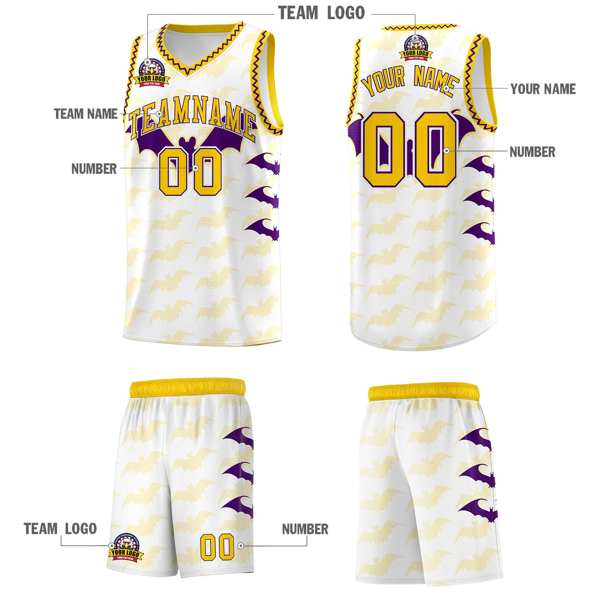 Custom White Purple Gold Bat Pattern Halloween Basketball Jersey | For Men,For Kid,For Youth,Sublimation Printed,Perfect for Training,Perfect for Parties,Add Name and Numbern | KXKSHOP