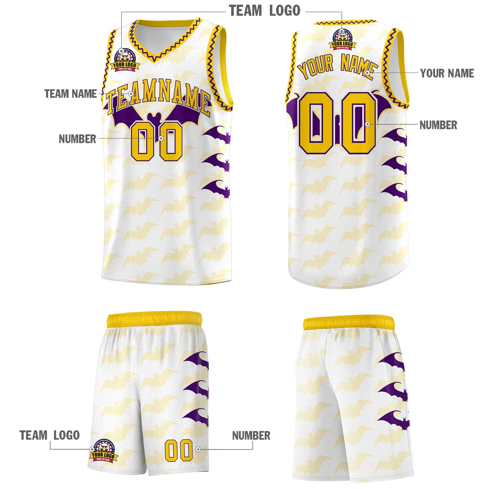 Custom White Purple Gold Bat Pattern Halloween Basketball Jersey | For Men,For Kid,For Youth,Sublimation Printed,Perfect for Training,Perfect for Parties,Add Name and Numbern | KXKSHOP