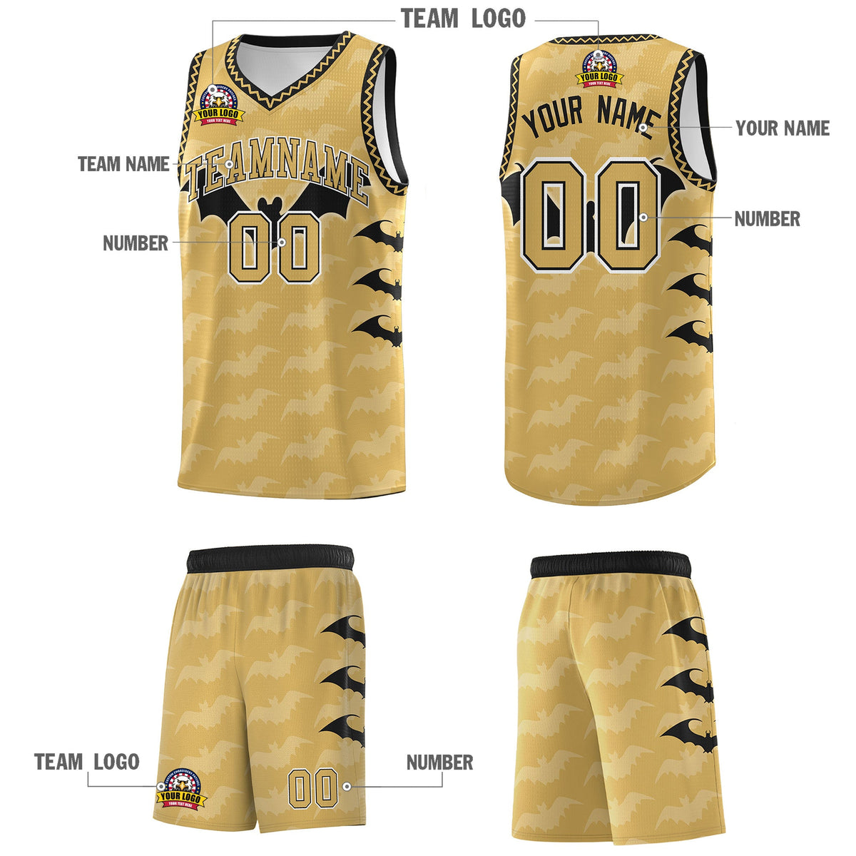 Custom Old Gold Black White Bat Pattern Halloween Basketball Jersey | For Men,For Kid,For Youth,Sublimation Printed,Perfect for Training,Perfect for Parties,Add Name and Numbern | KXKSHOP