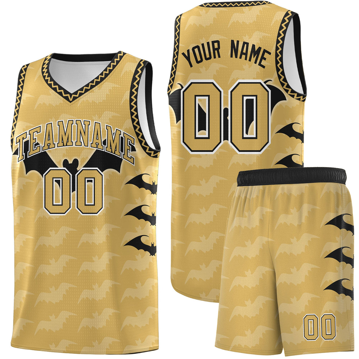 Custom Old Gold Black White Bat Pattern Halloween Basketball Jersey | For Men,For Kid,For Youth,Sublimation Printed,Perfect for Training,Perfect for Parties,Add Name and Numbern | KXKSHOP