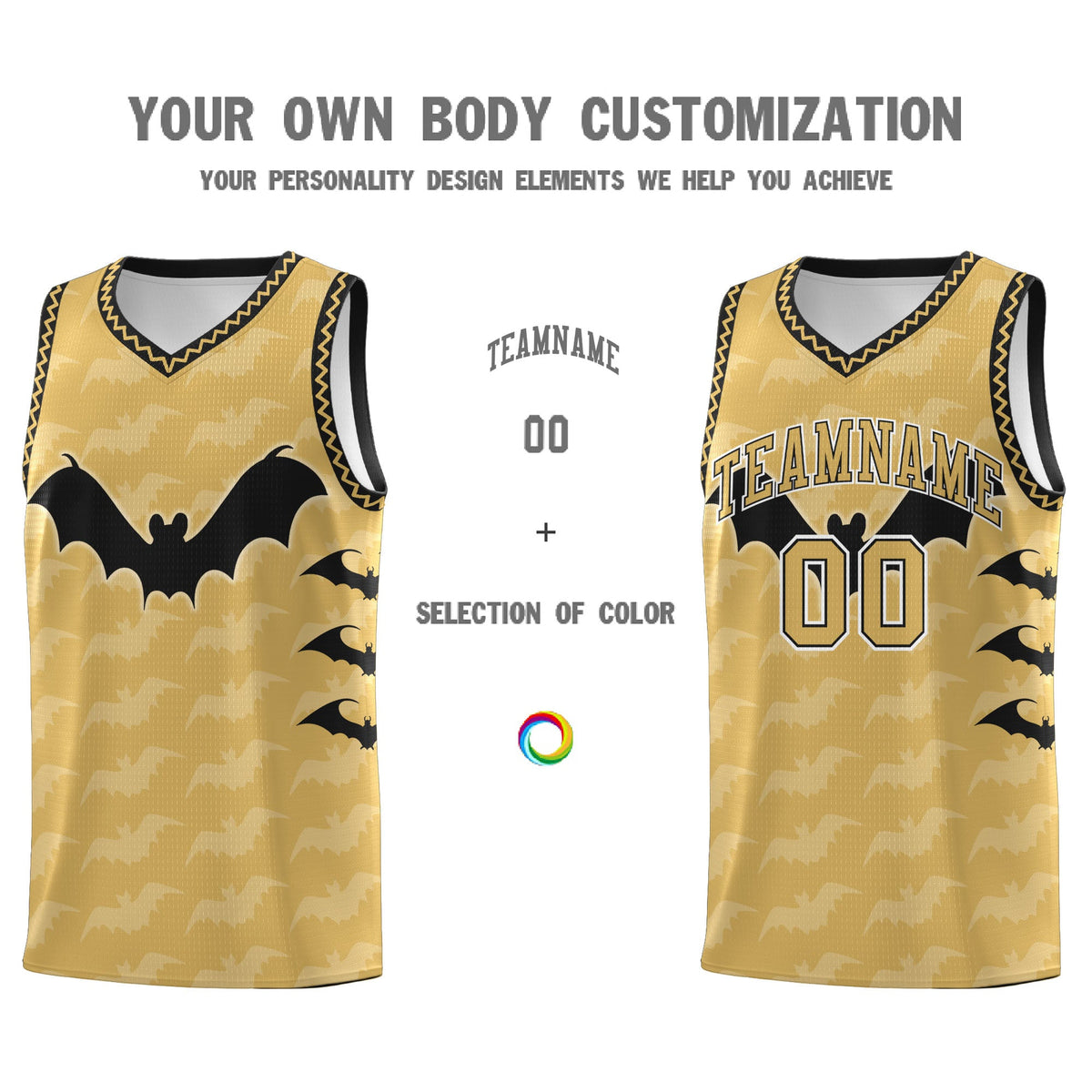 Custom Old Gold Black White Bat Pattern Halloween Basketball Jersey | For Men,For Kid,For Youth,Sublimation Printed,Perfect for Training,Perfect for Parties,Add Name and Numbern | KXKSHOP