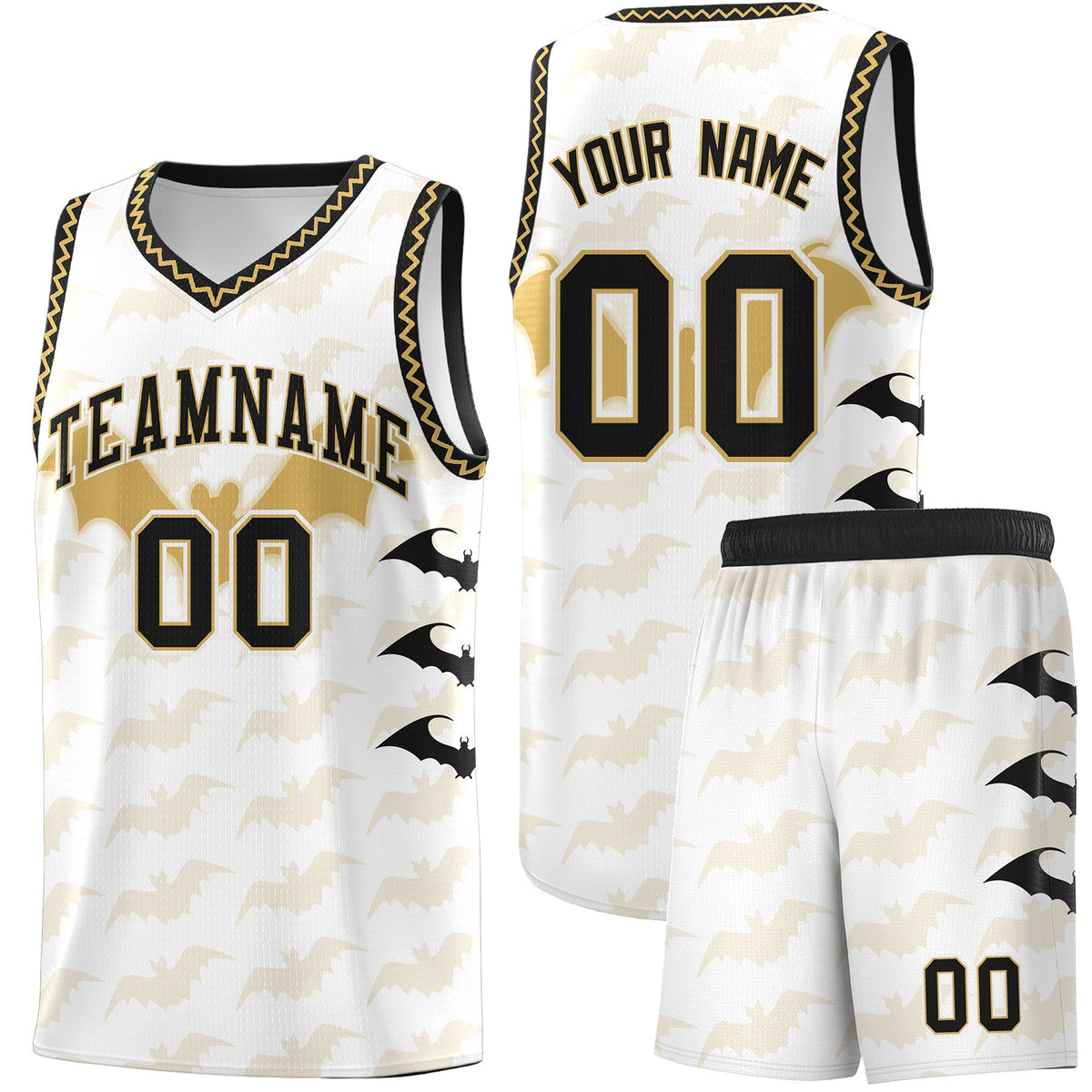 Custom White Old Gold Bat Pattern Halloween Basketball Jersey | For Men,For Kid,For Youth,Sublimation Printed,Perfect for Training,Perfect for Parties,Add Name and Numbern | KXKSHOP