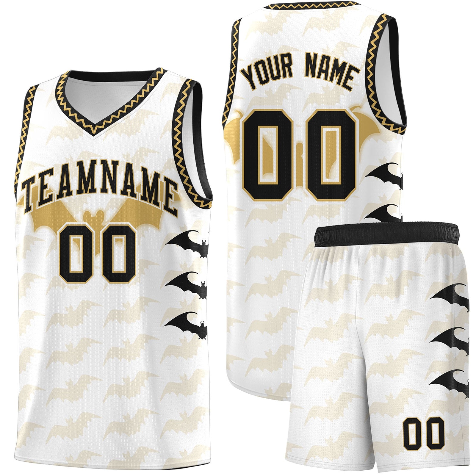 Custom White Old Gold Bat Pattern Halloween Basketball Jersey | For Men,For Kid,For Youth,Sublimation Printed,Perfect for Training,Perfect for Parties,Add Name and Numbern | KXKSHOP