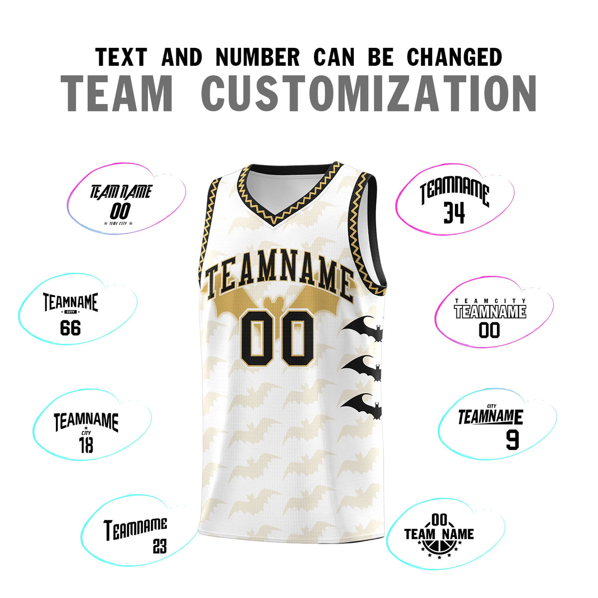 Custom White Old Gold Bat Pattern Halloween Basketball Jersey | For Men,For Kid,For Youth,Sublimation Printed,Perfect for Training,Perfect for Parties,Add Name and Numbern | KXKSHOP