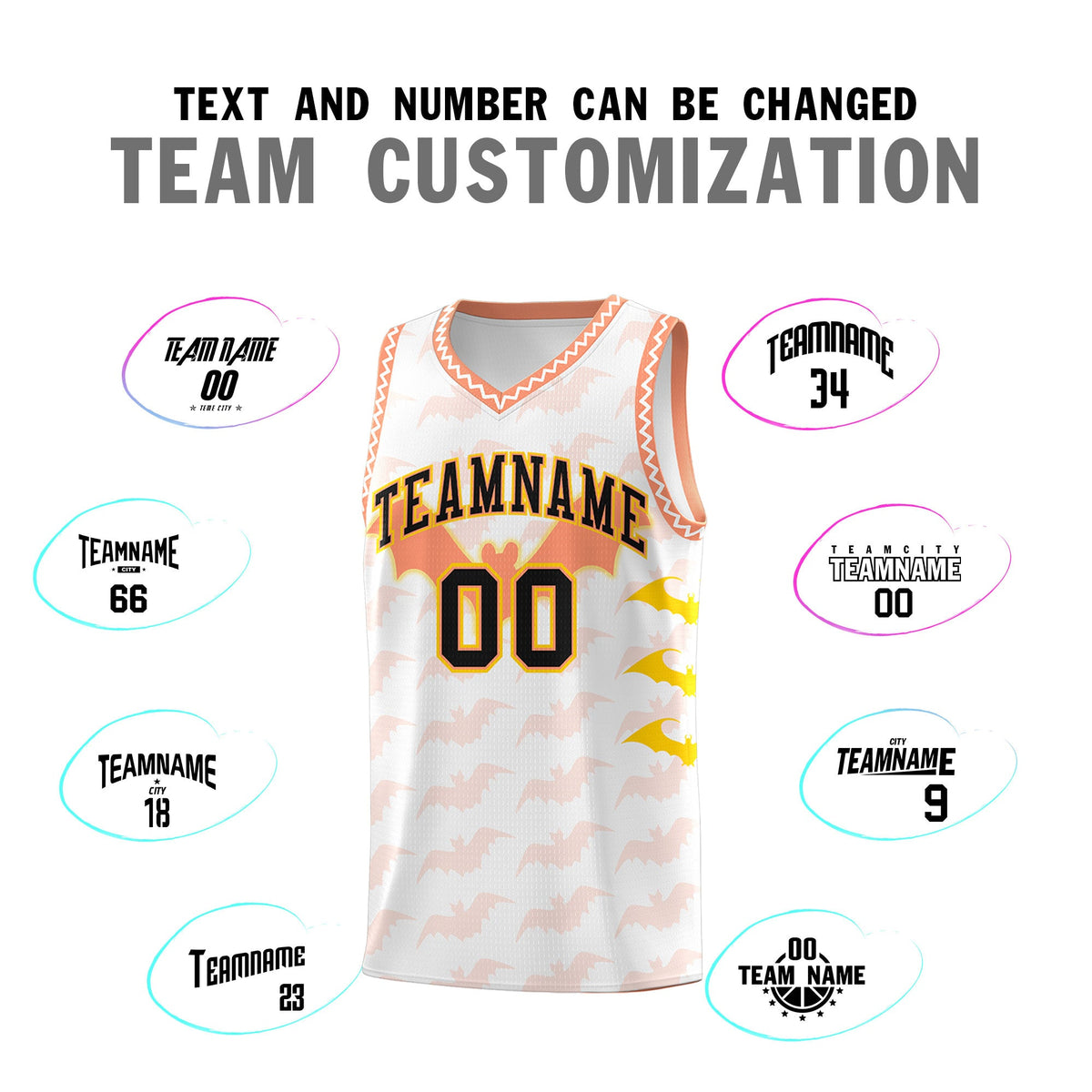 Custom White Gold Light Orange Bat Pattern Halloween Basketball Jersey | For Men,For Kid,For Youth,Sublimation Printed,Perfect for Training,Perfect for Parties,Add Name and Numbern | KXKSHOP