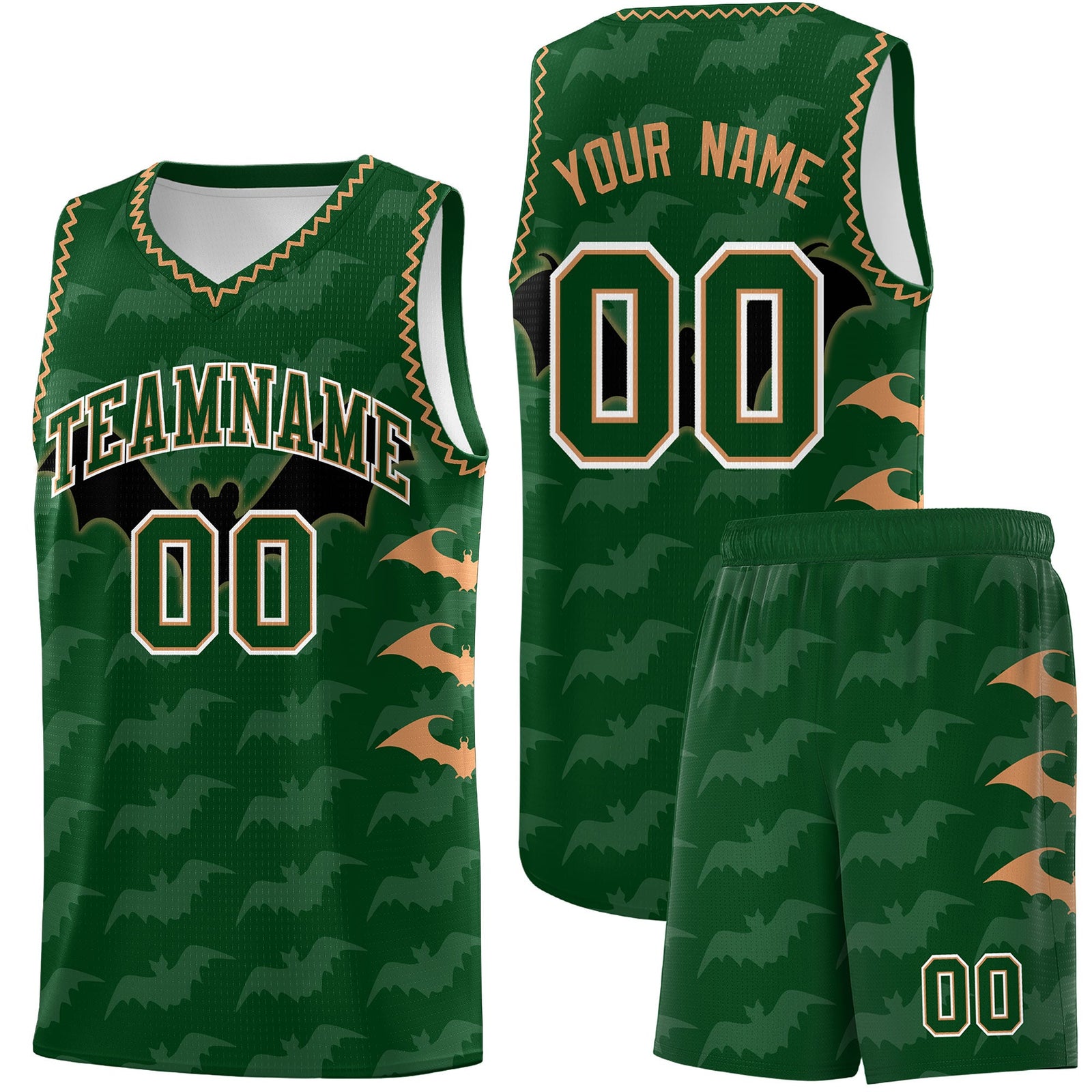 Custom Green Buckskin Brown Bat Pattern Halloween Basketball Jersey | For Men,For Kid,For Youth,Sublimation Printed,Perfect for Training,Perfect for Parties,Add Name and Numbern | KXKSHOP