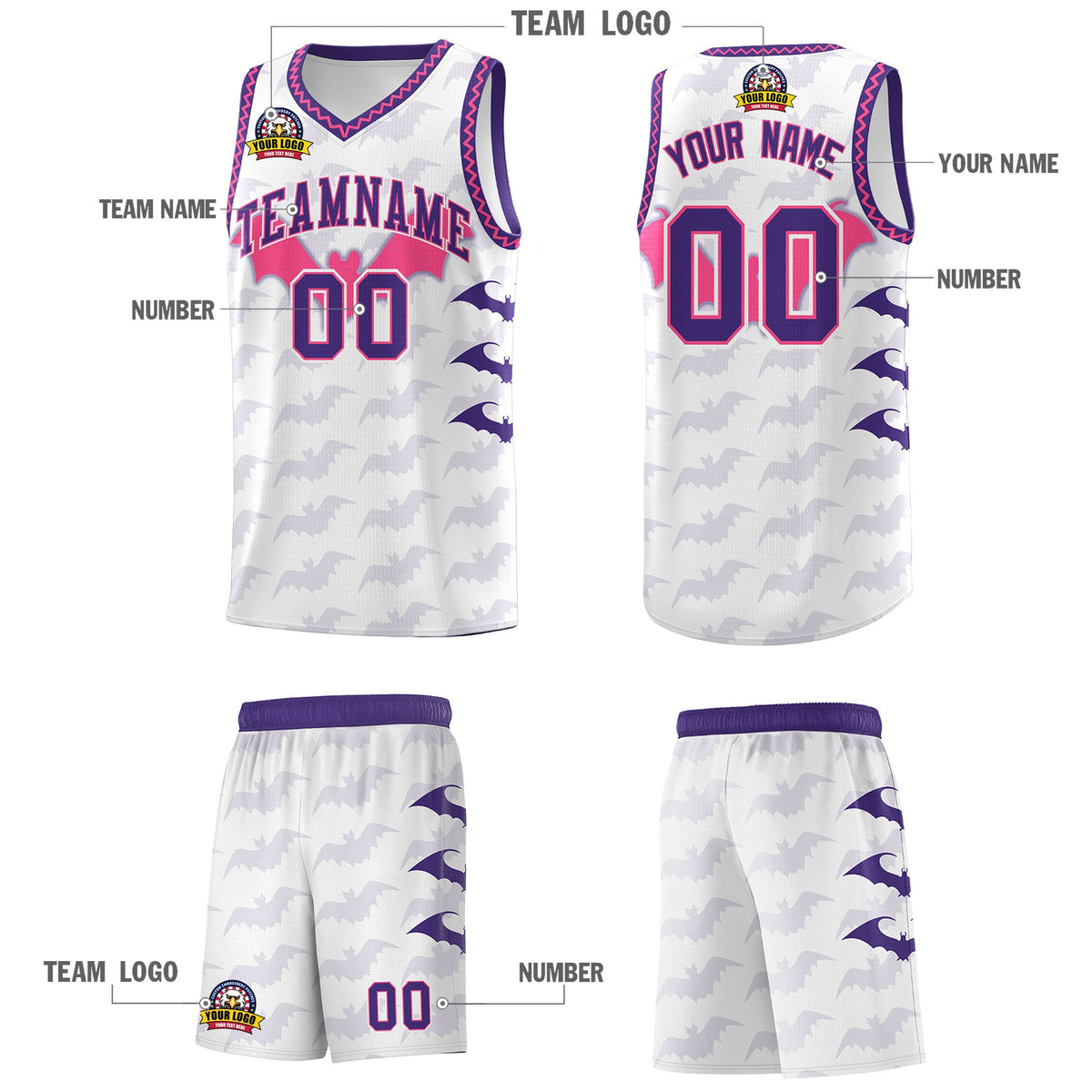 Custom White Pink Purple Bat Pattern Halloween Basketball Jersey | For Men,For Kid,For Youth,Sublimation Printed,Perfect for Training,Perfect for Parties,Add Name and Numbern | KXKSHOP