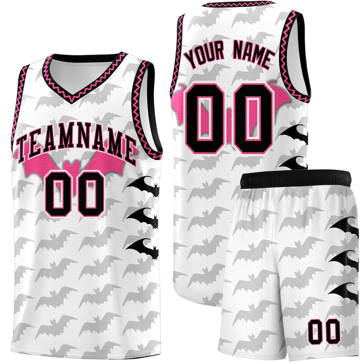 Custom White Black Pink Bat Pattern Halloween Basketball Jersey | For Men,For Kid,For Youth,Sublimation Printed,Perfect for Training,Perfect for Parties,Add Name and Numbern | KXKSHOP