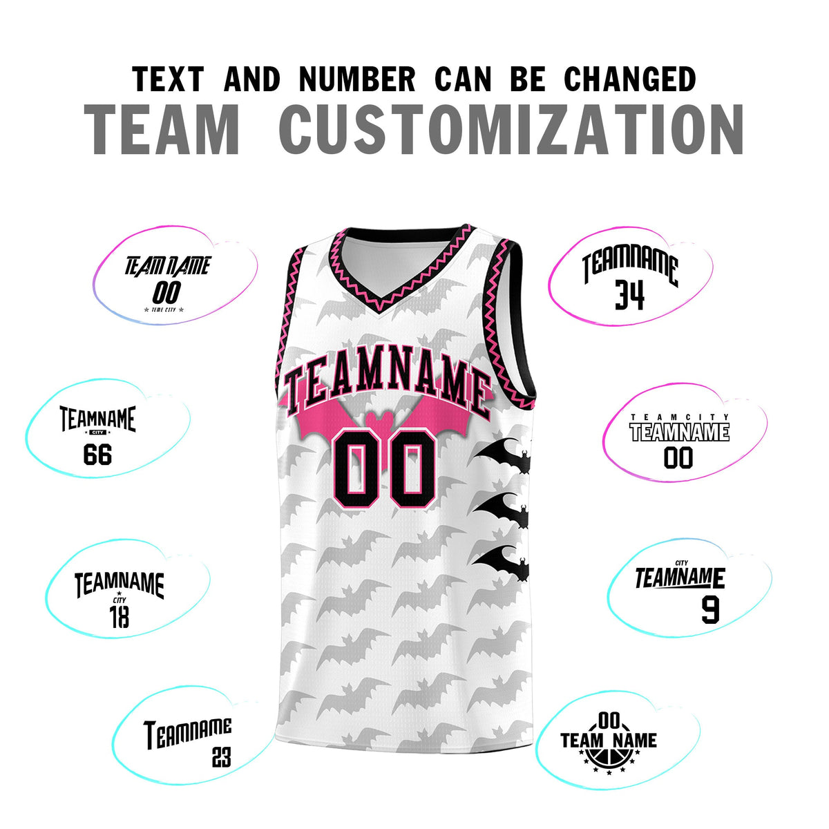 Custom White Black Pink Bat Pattern Halloween Basketball Jersey | For Men,For Kid,For Youth,Sublimation Printed,Perfect for Training,Perfect for Parties,Add Name and Numbern | KXKSHOP