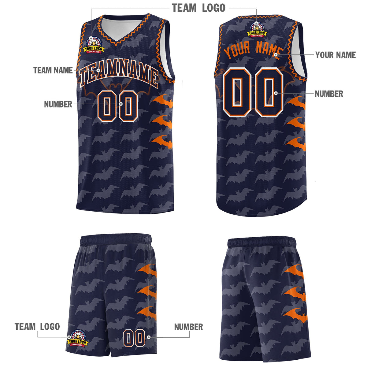 Custom Navy Orange Bat Pattern Halloween Basketball Jersey | For Men,For Kid,For Youth,Sublimation Printed,Perfect for Training,Perfect for Parties,Add Name and Numbern | KXKSHOP