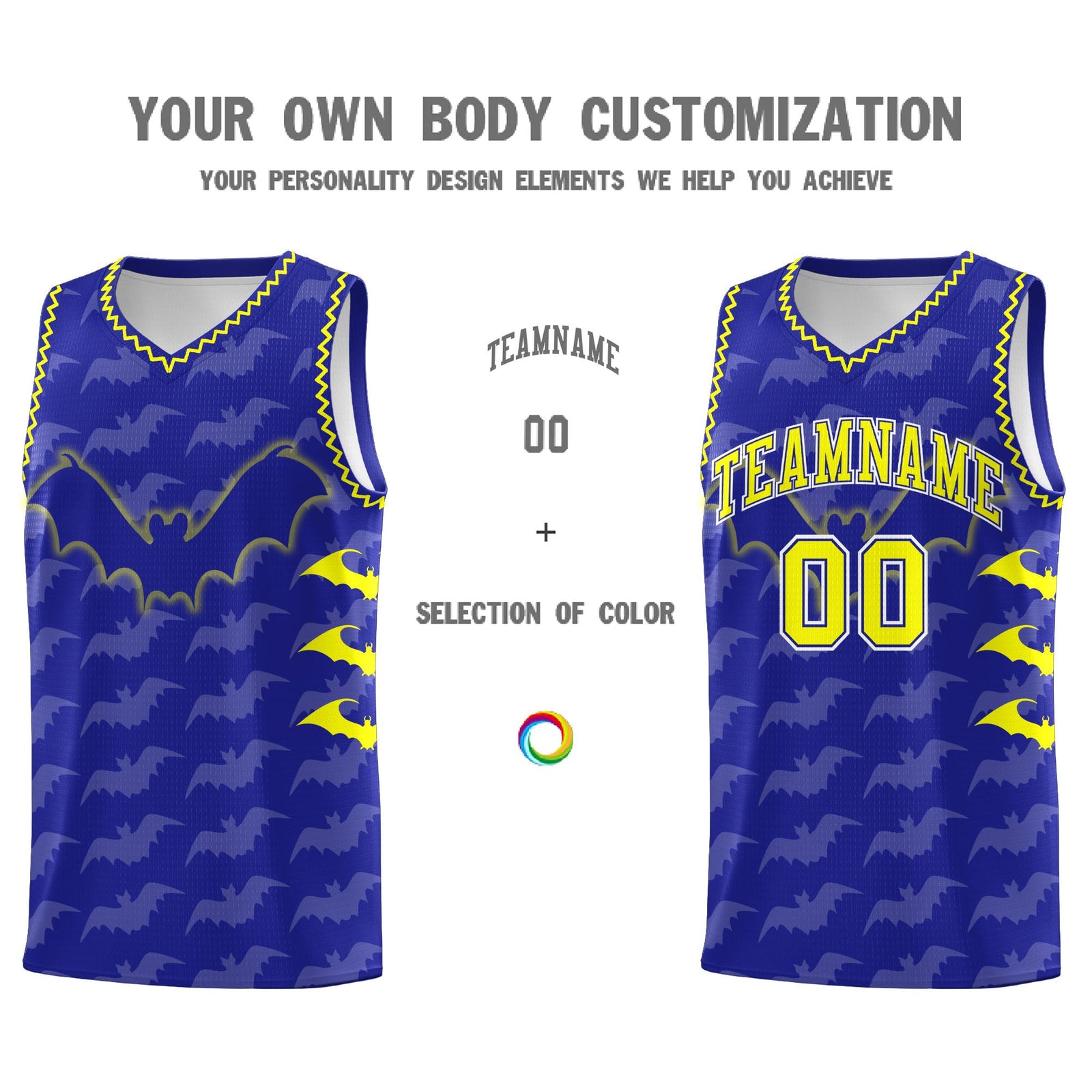 Custom Royal Fluorescent Yellow Bat Pattern Halloween Basketball Jersey | For Men,For Kid,For Youth,Sublimation Printed,Perfect for Training,Perfect for Parties,Add Name and Numbern | KXKSHOP