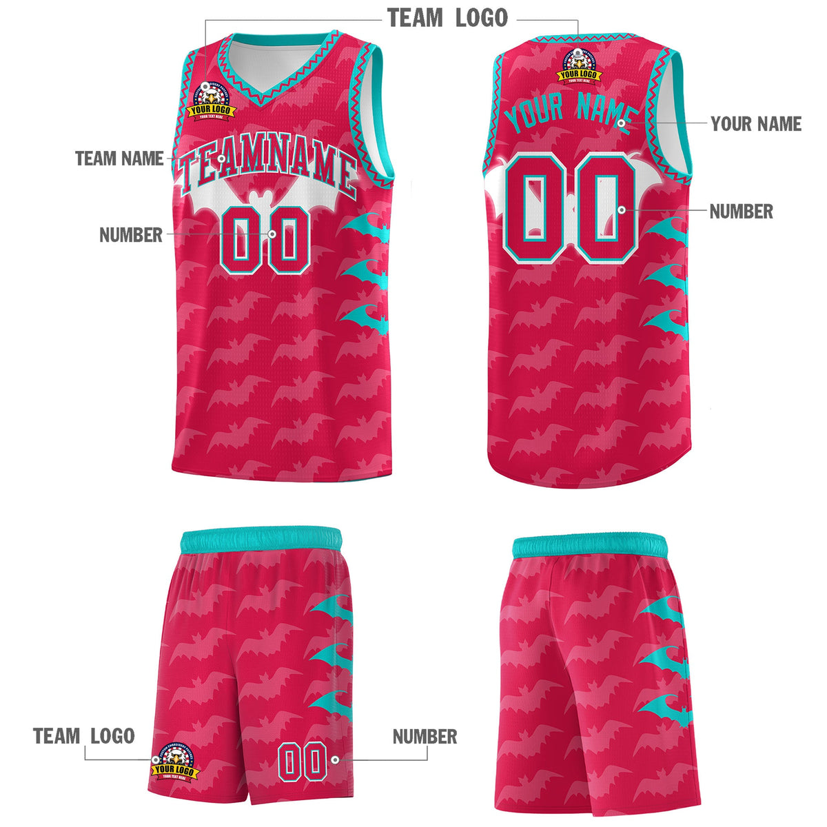 Custom Red White Aqua Bat Pattern Halloween Basketball Jersey | For Men,For Kid,For Youth,Sublimation Printed,Perfect for Training,Perfect for Parties,Add Name and Numbern | KXKSHOP