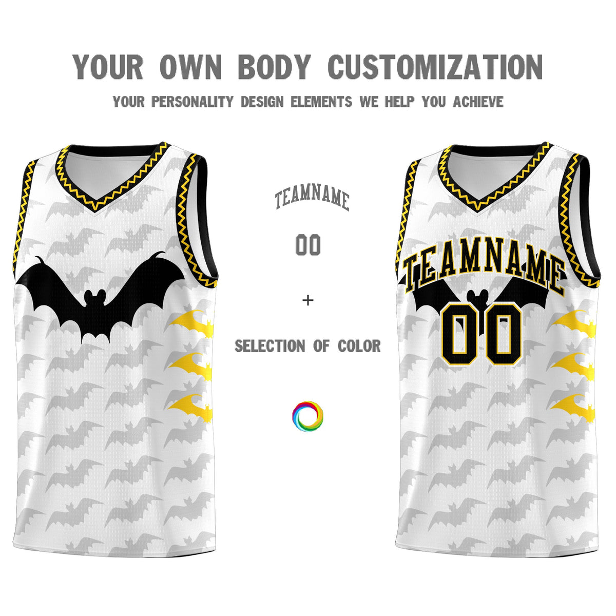Custom White Gold Black Bat Pattern Halloween Basketball Jersey | For Men,For Kid,For Youth,Sublimation Printed,Perfect for Training,Perfect for Parties,Add Name and Numbern | KXKSHOP