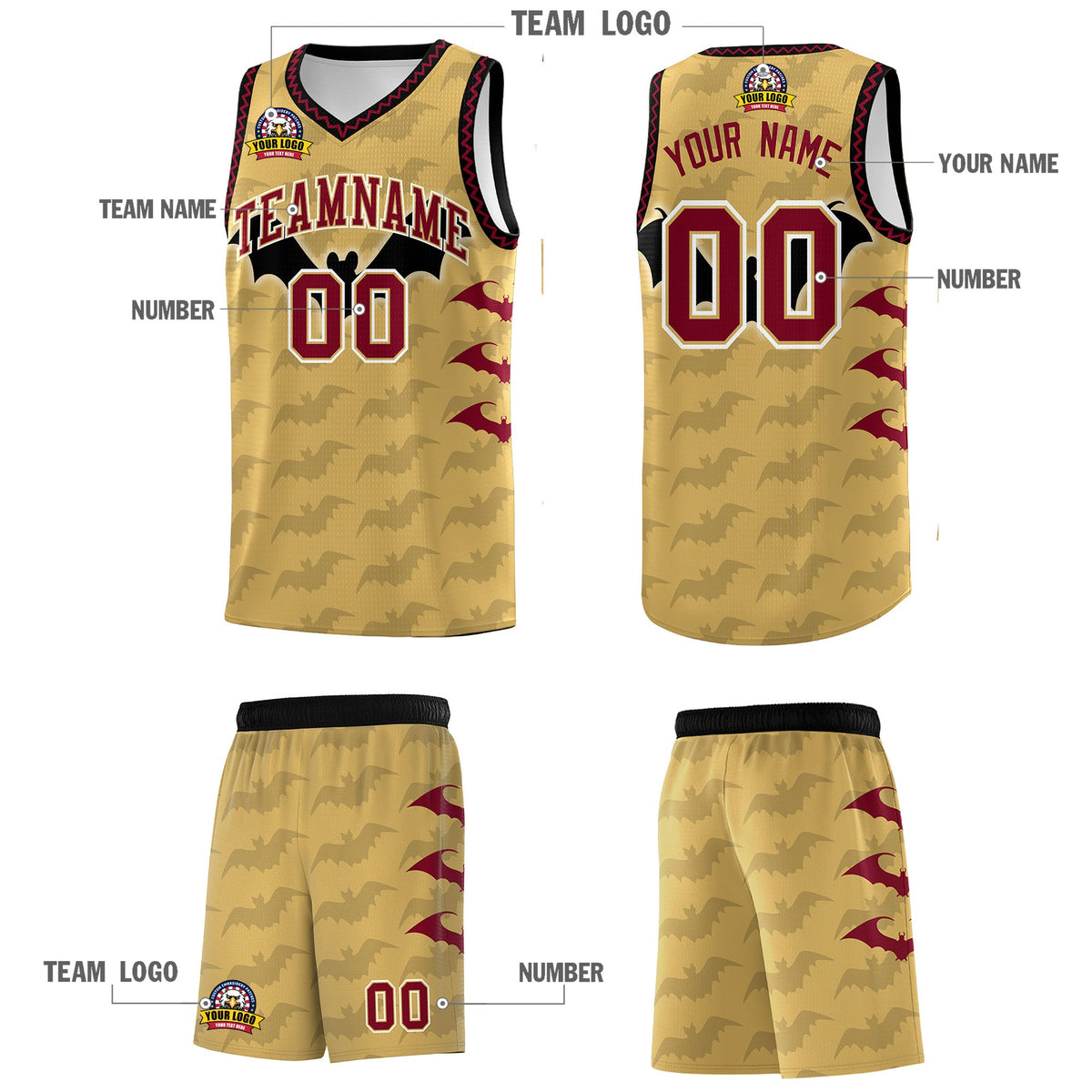Custom Old Gold Crimson Bat Pattern Halloween Basketball Jersey | For Men,For Kid,For Youth,Sublimation Printed,Perfect for Training,Perfect for Parties,Add Name and Numbern | KXKSHOP