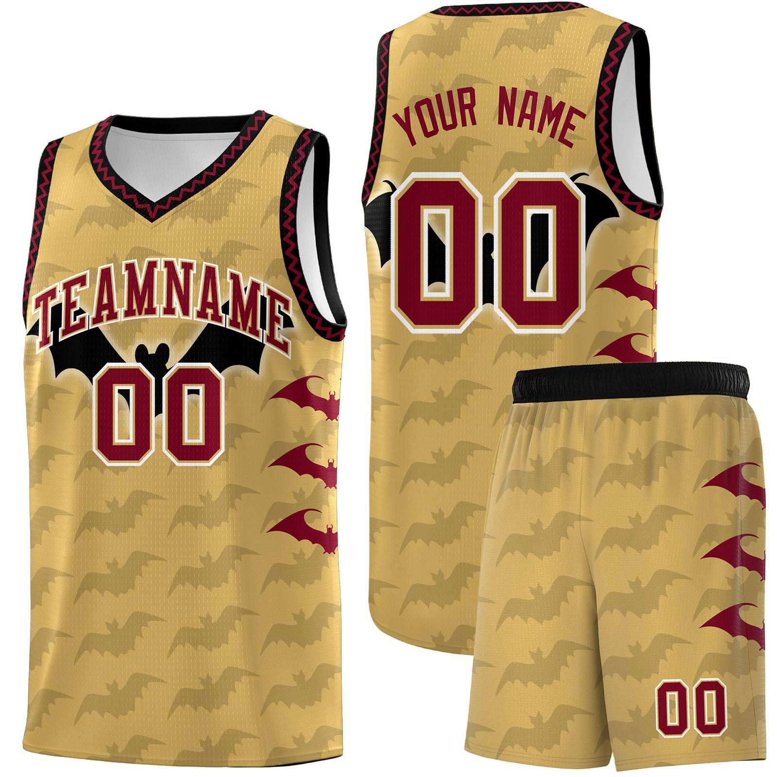 Custom Old Gold Crimson Bat Pattern Halloween Basketball Jersey | For Men,For Kid,For Youth,Sublimation Printed,Perfect for Training,Perfect for Parties,Add Name and Numbern | KXKSHOP