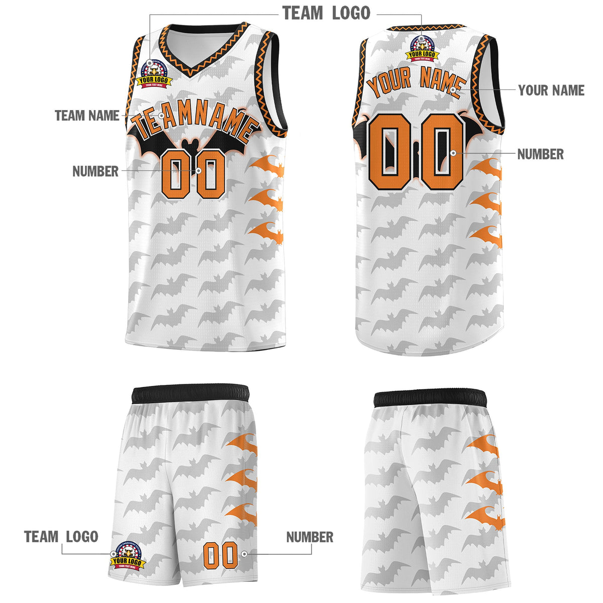 Custom White Black Bat Pattern Halloween Basketball Jersey | For Men,For Kid,For Youth,Sublimation Printed,Perfect for Training,Perfect for Parties,Add Name and Numbern | KXKSHOP